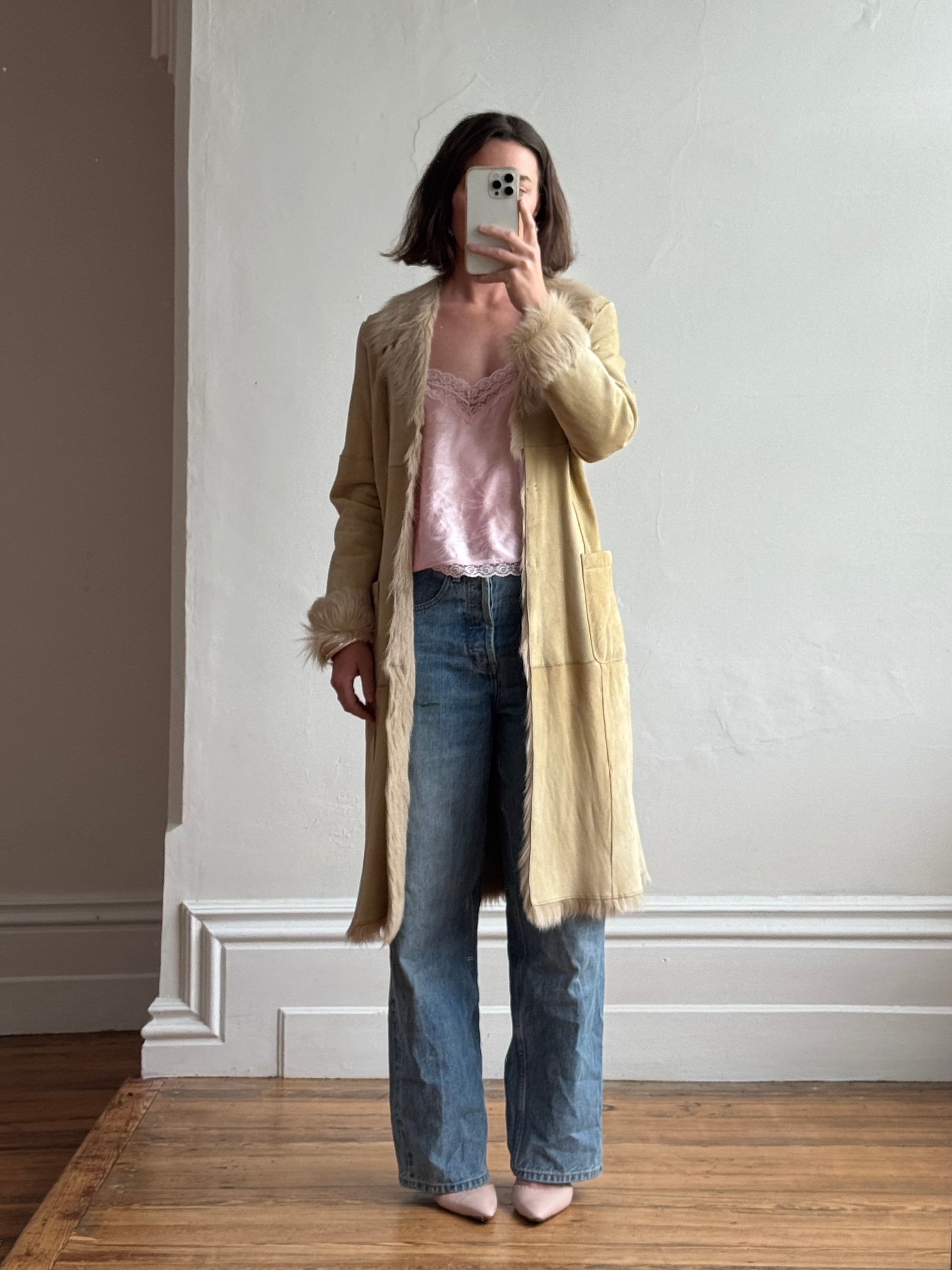 Vintage 90s Patchwork Leather Mid Length Coat with Fur Lining