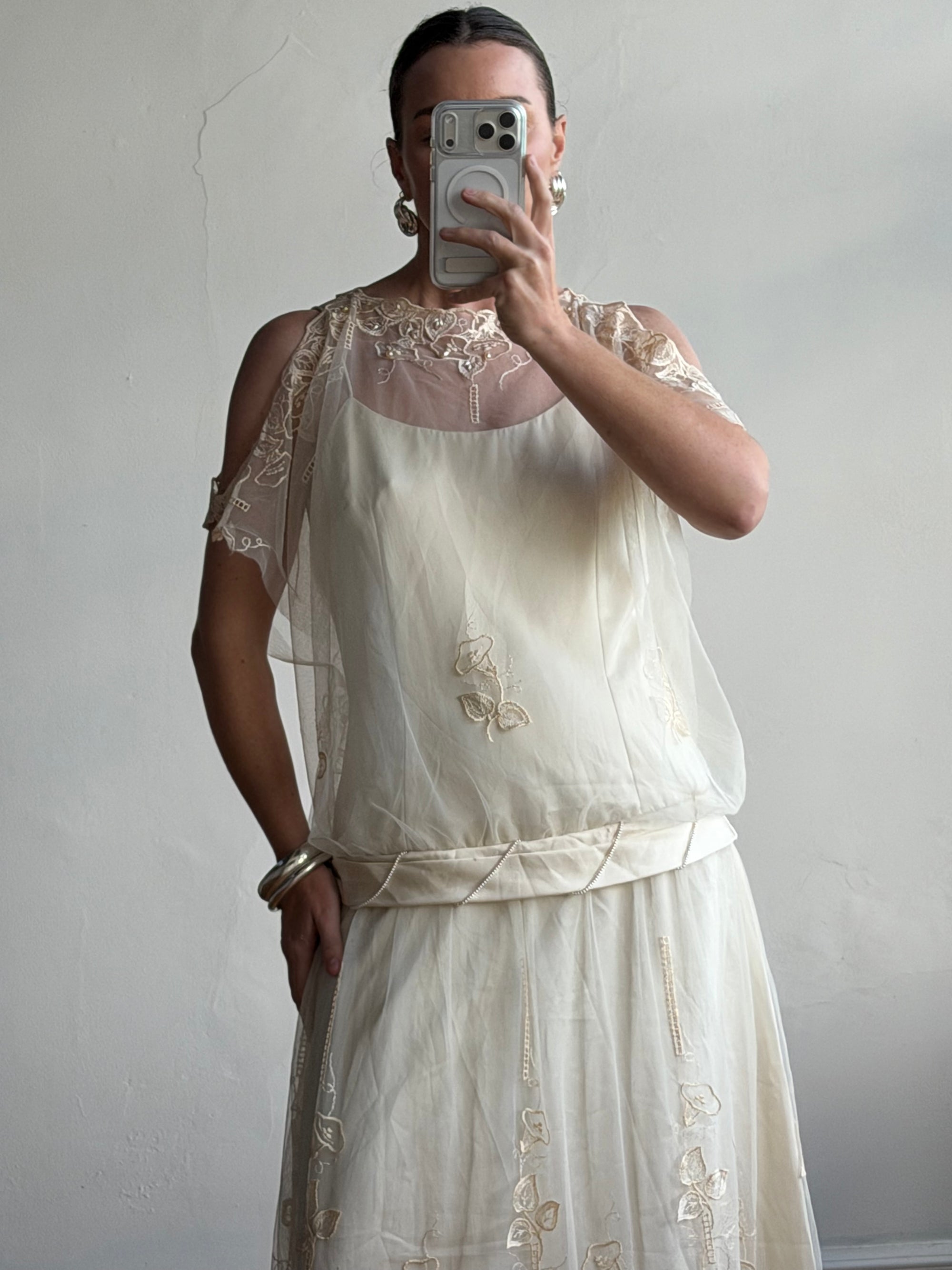 Vintage 80s Drop Waist Floral Sheer Midi Dress Creme
