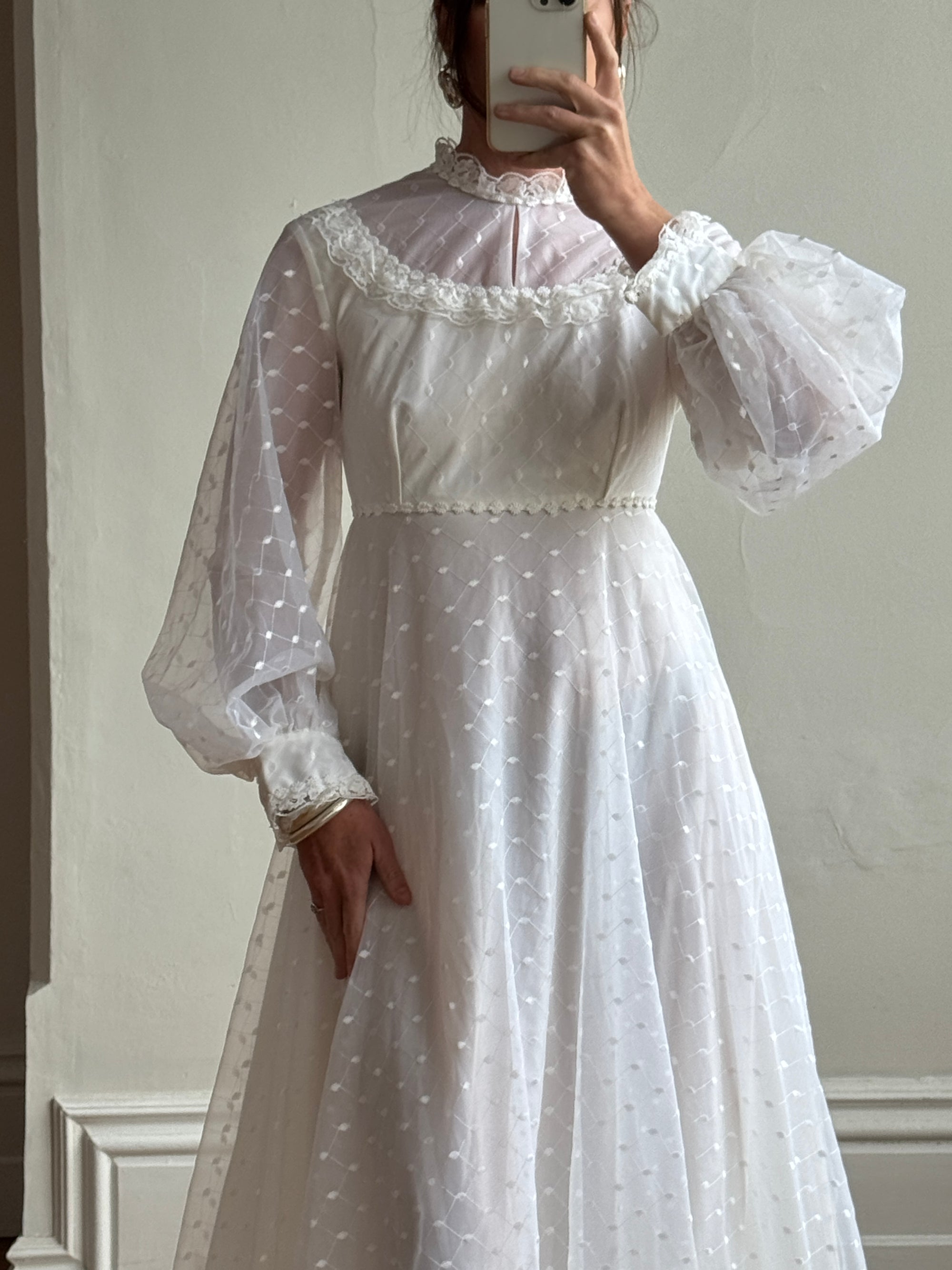 Vintage 70s Swiss Dot Prairie Wedding Dress