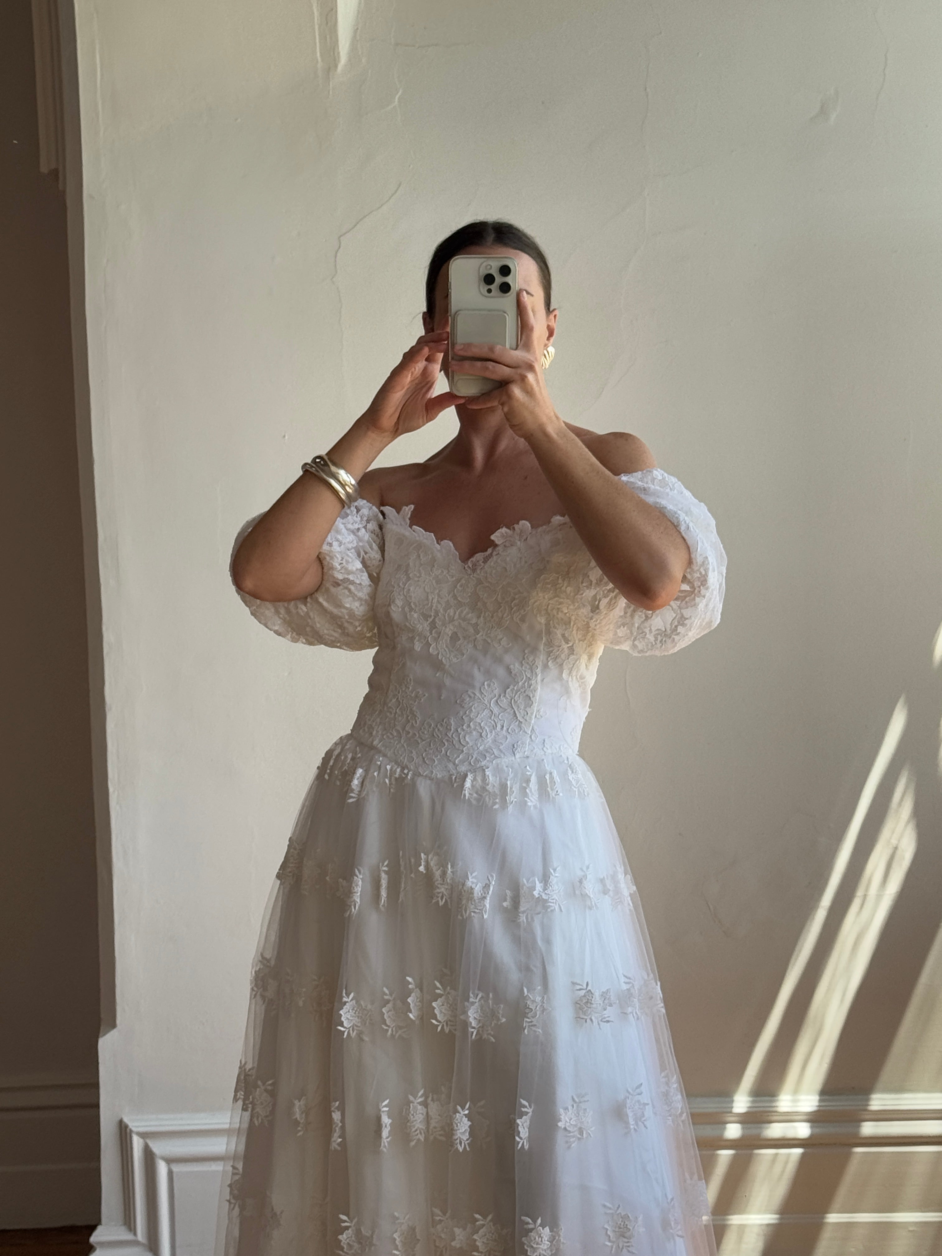 Vintage 80s Lace Off The Shoulder Tulle Wedding Gown