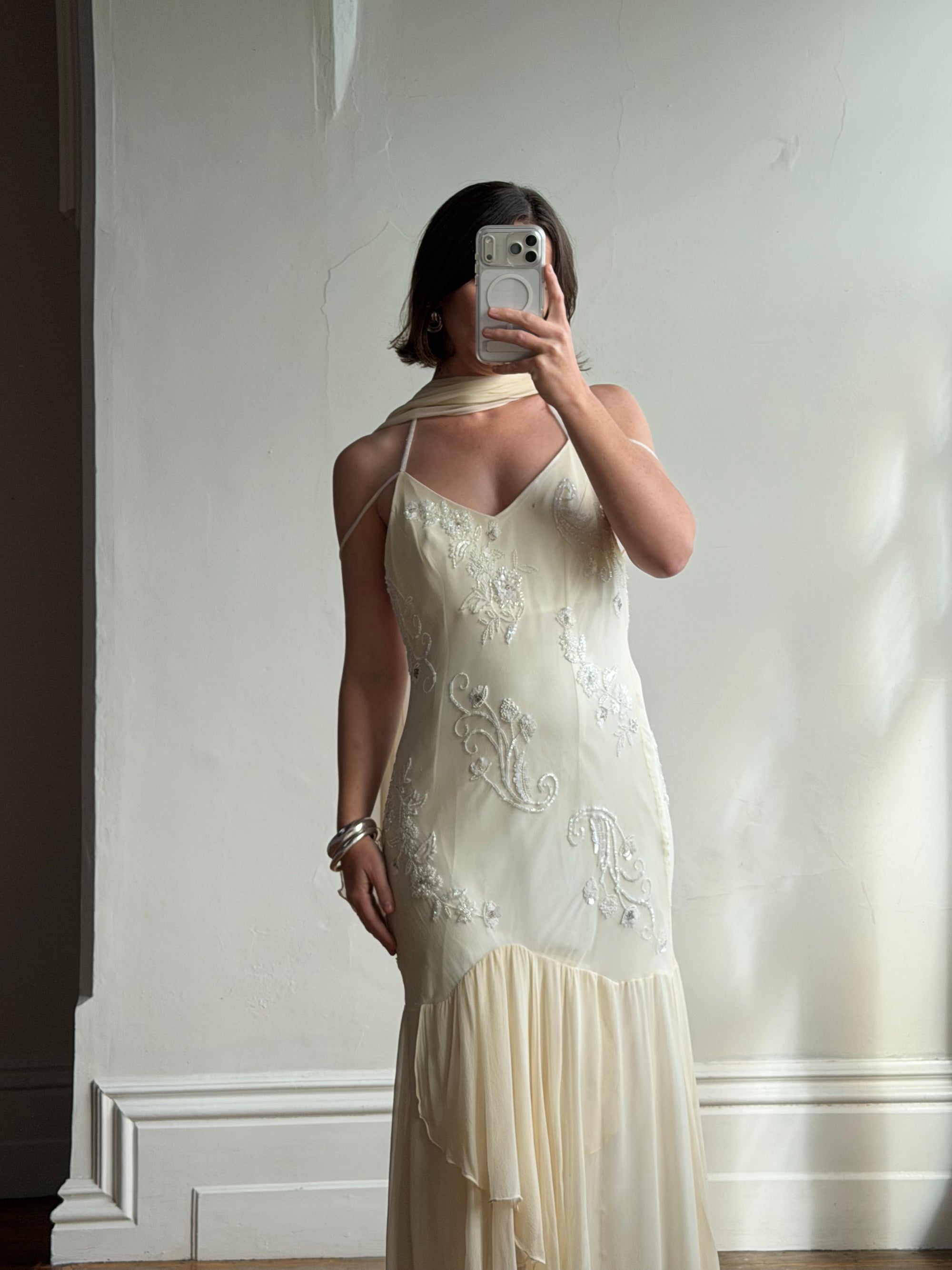 Vintage 90s Pure Silk Embellished Midi Dress With Scarf Creme
