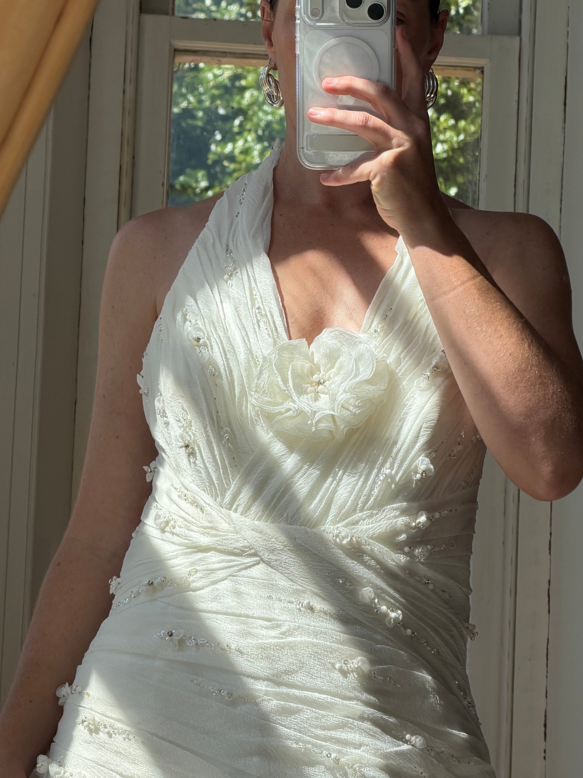 Vintage 90s Italian Plus Size Halter Ruffle Wedding Gown