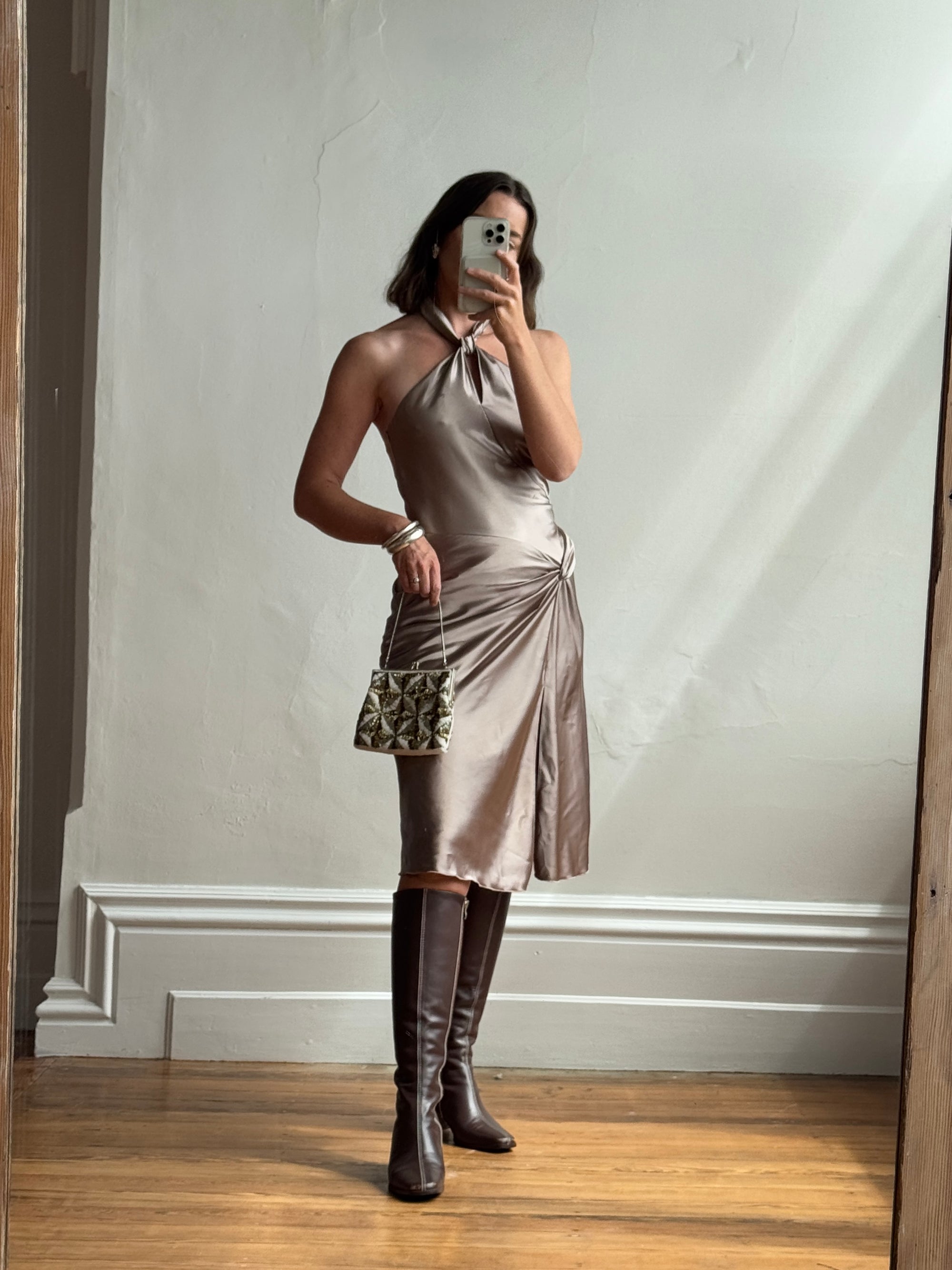 Vintage 90s Australian Made Bronze Satin Party Dress