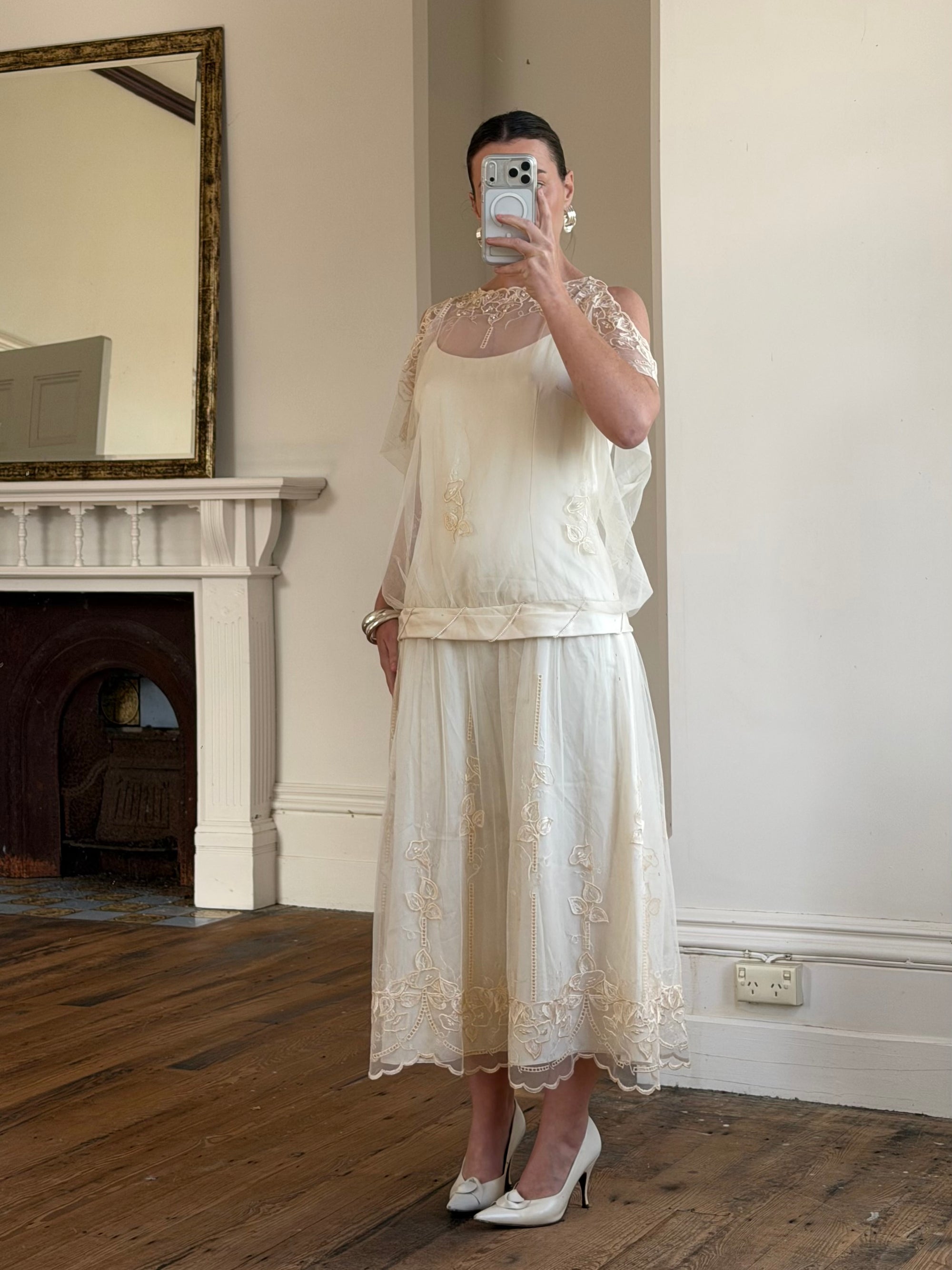 Vintage 80s Drop Waist Floral Sheer Midi Dress Creme