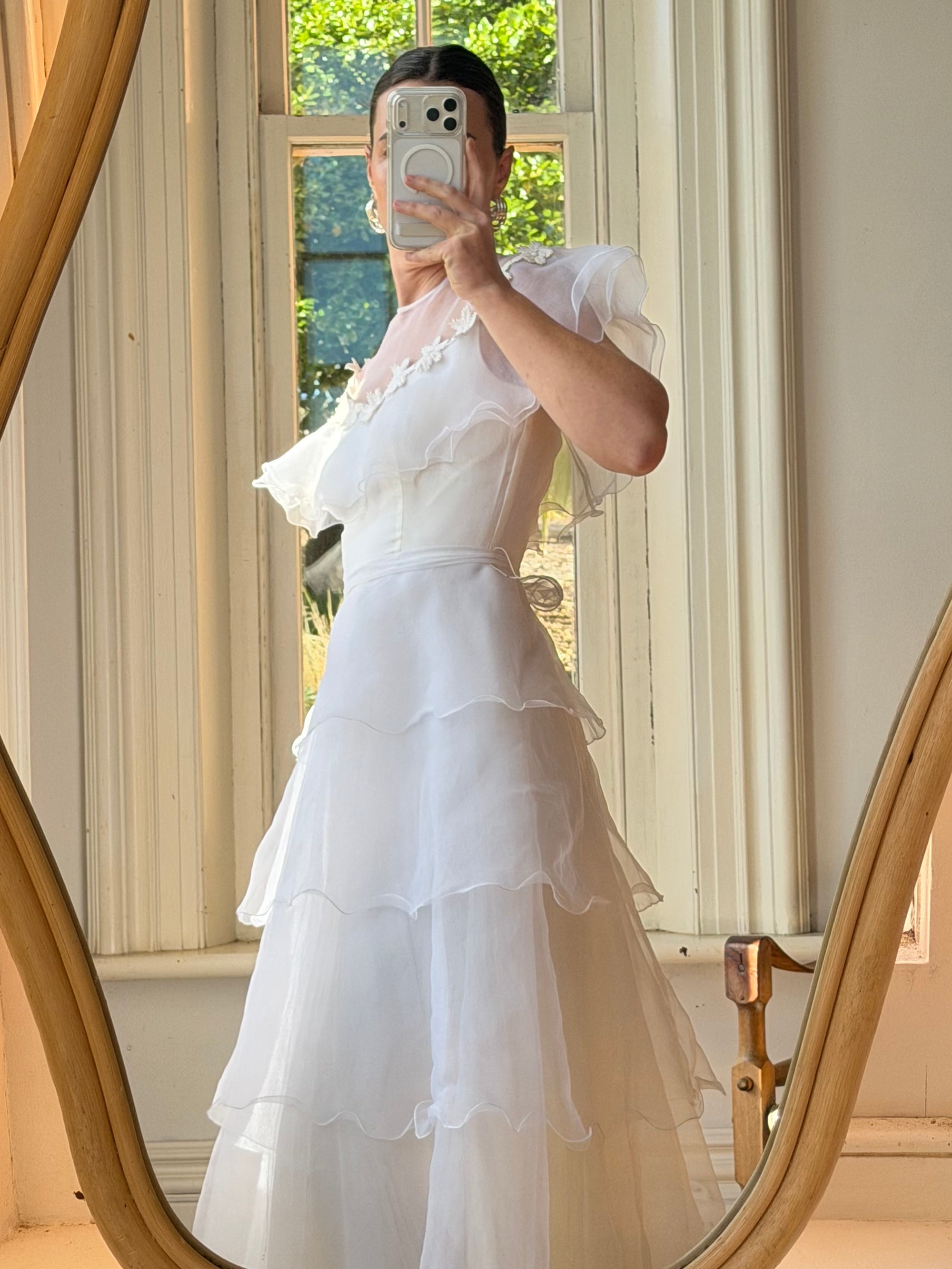 Vintage 70s Tiered Organza Prairie Daisy Wedding Dress
