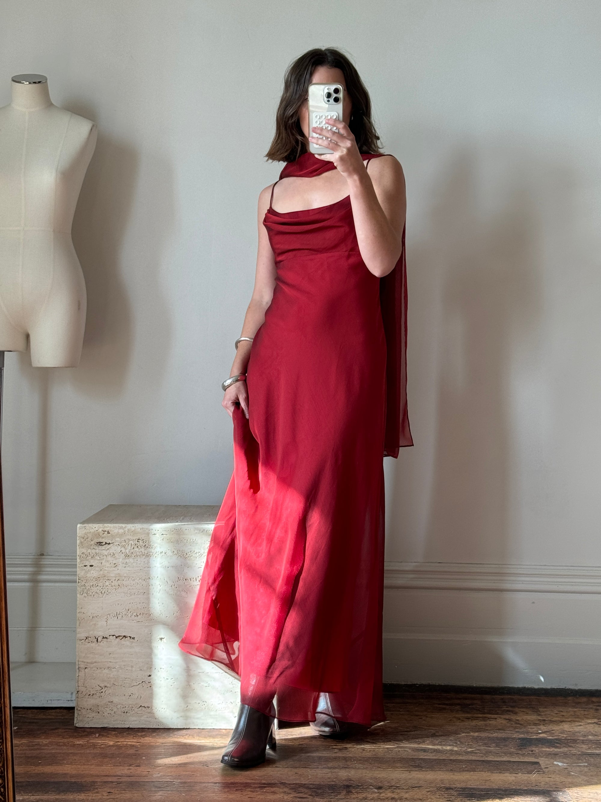 Vintage 90s Red Slip Dress with Skinny Scarf