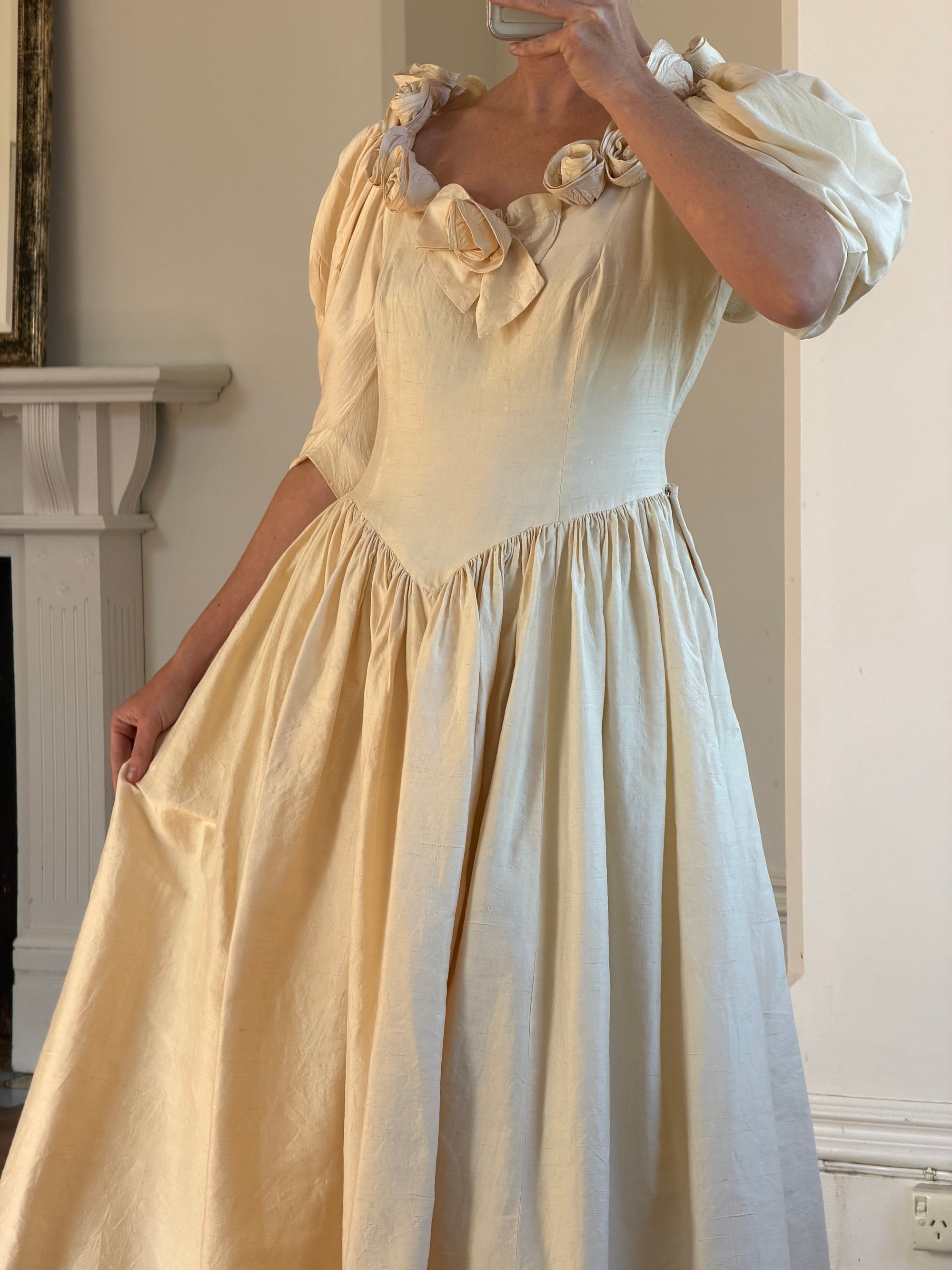 Vintage 90s Silk Dupion Rosette Bridal Midi Gown