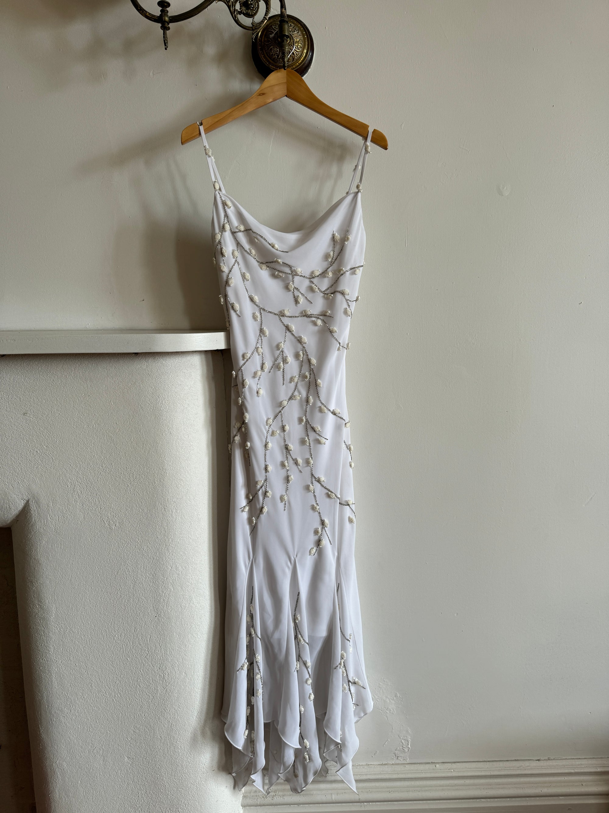 Vintage 90s Fairy Cowl Neck Wedding Dress With Hand Beaded Vine Embroidery