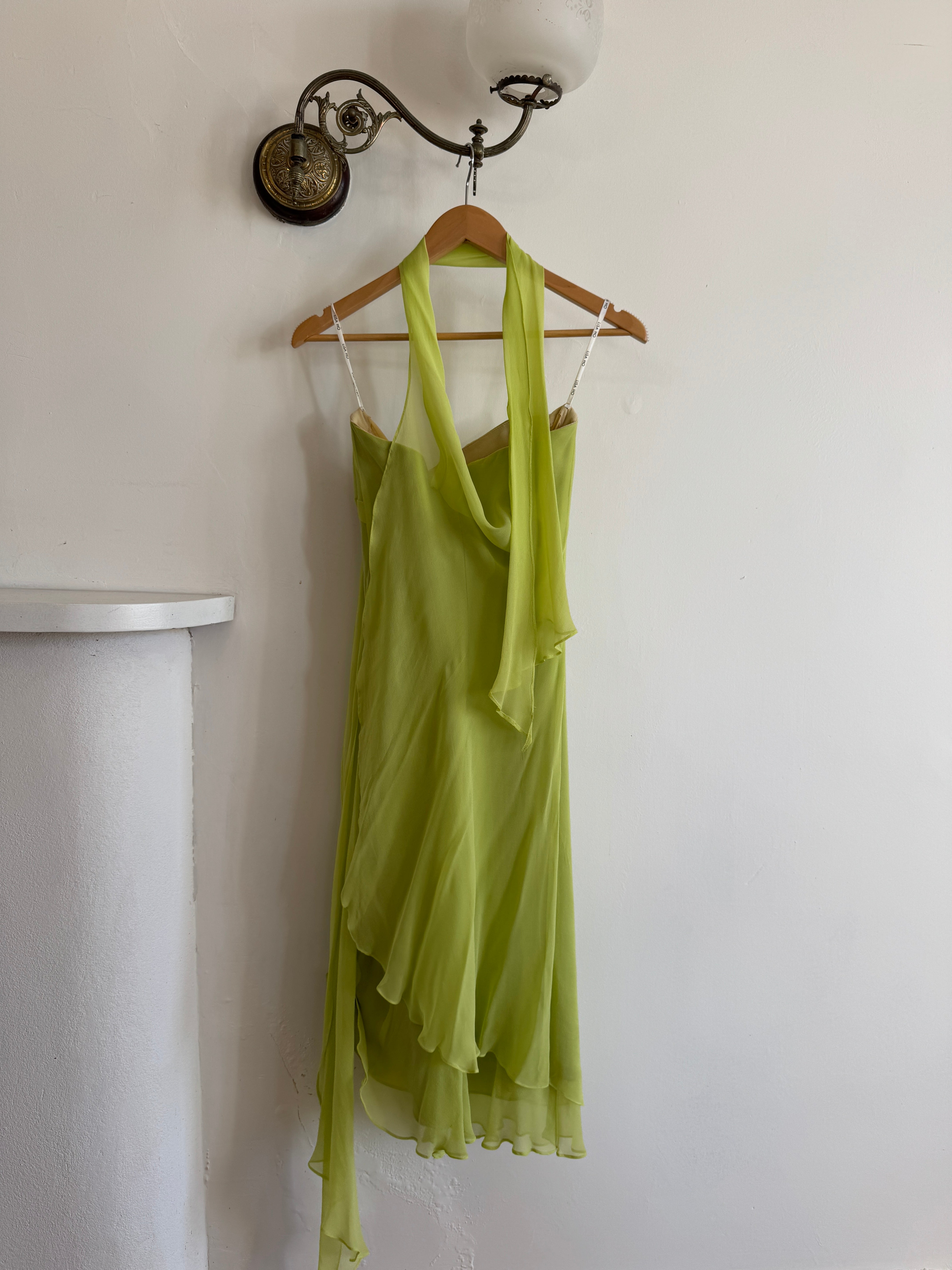 Vintage Y2K Chartreuse Strapless Pure Silk Brooch Dress
