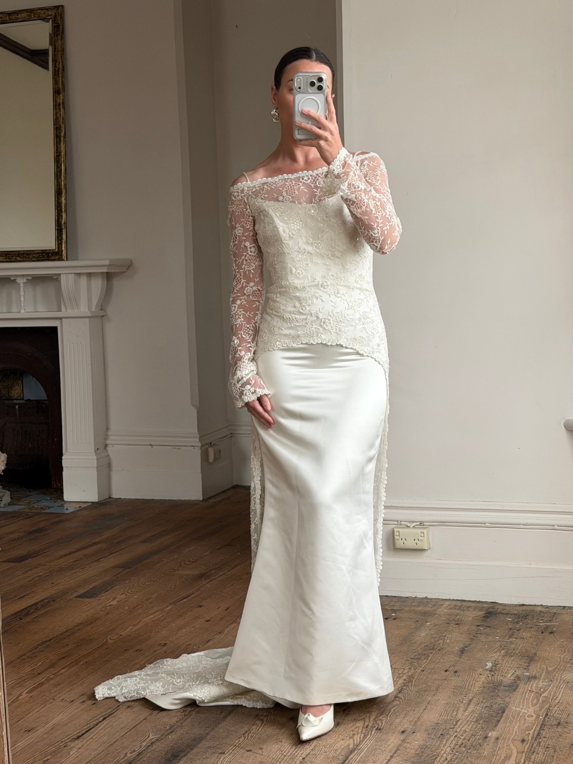 Vintage 90s Italian Beaded Lace and Satin Wedding Gown