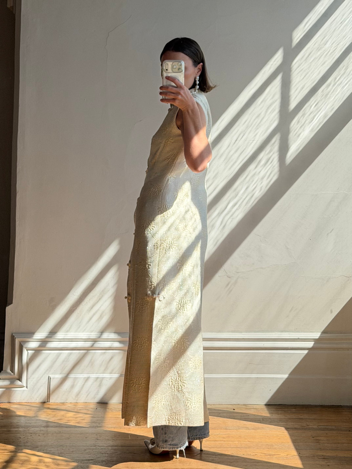 Vintage 60s Brocade Longline Qipao Cream