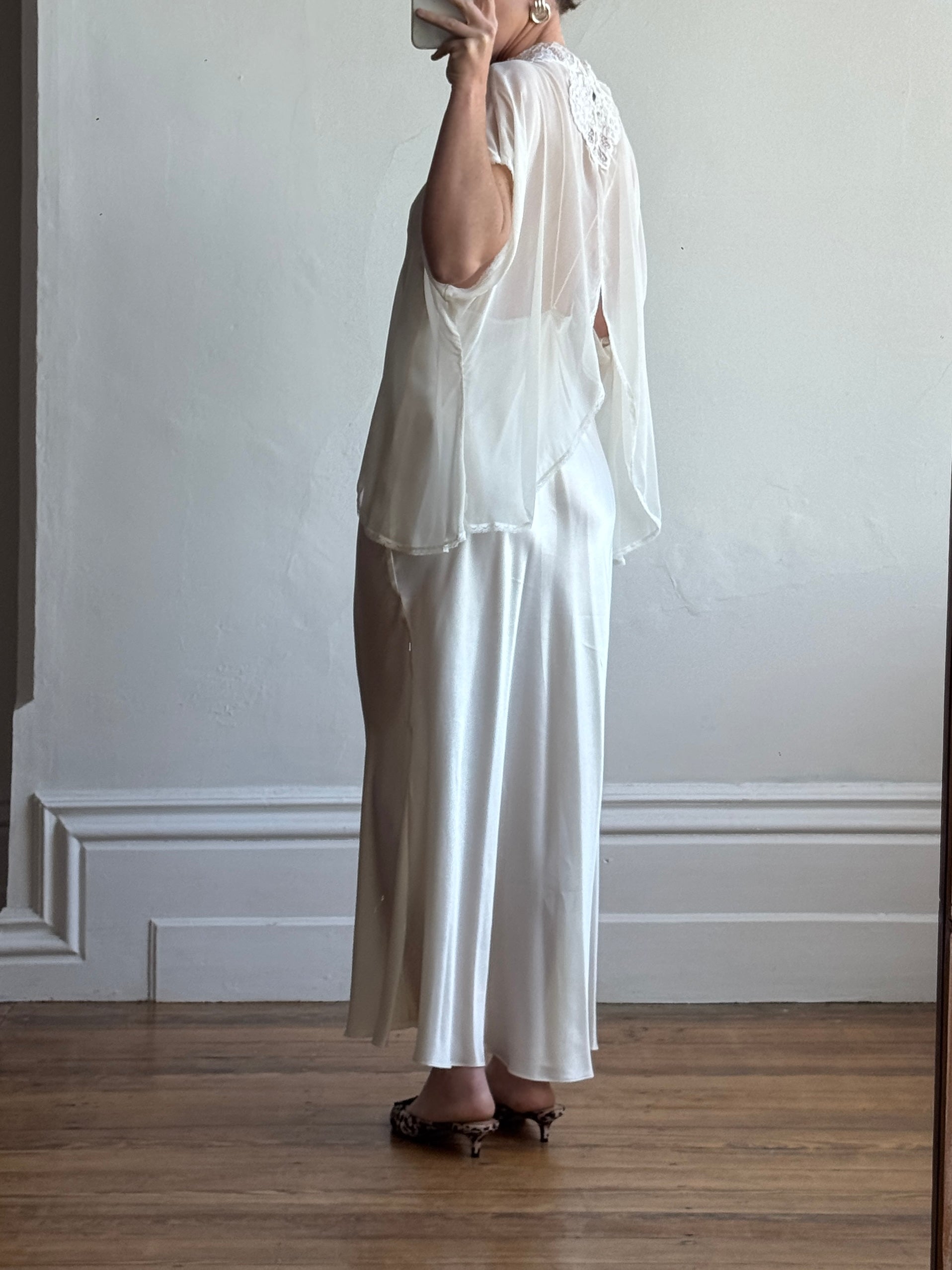 Vintage 90s Satin and Lace Slip and Cape Set Ivory