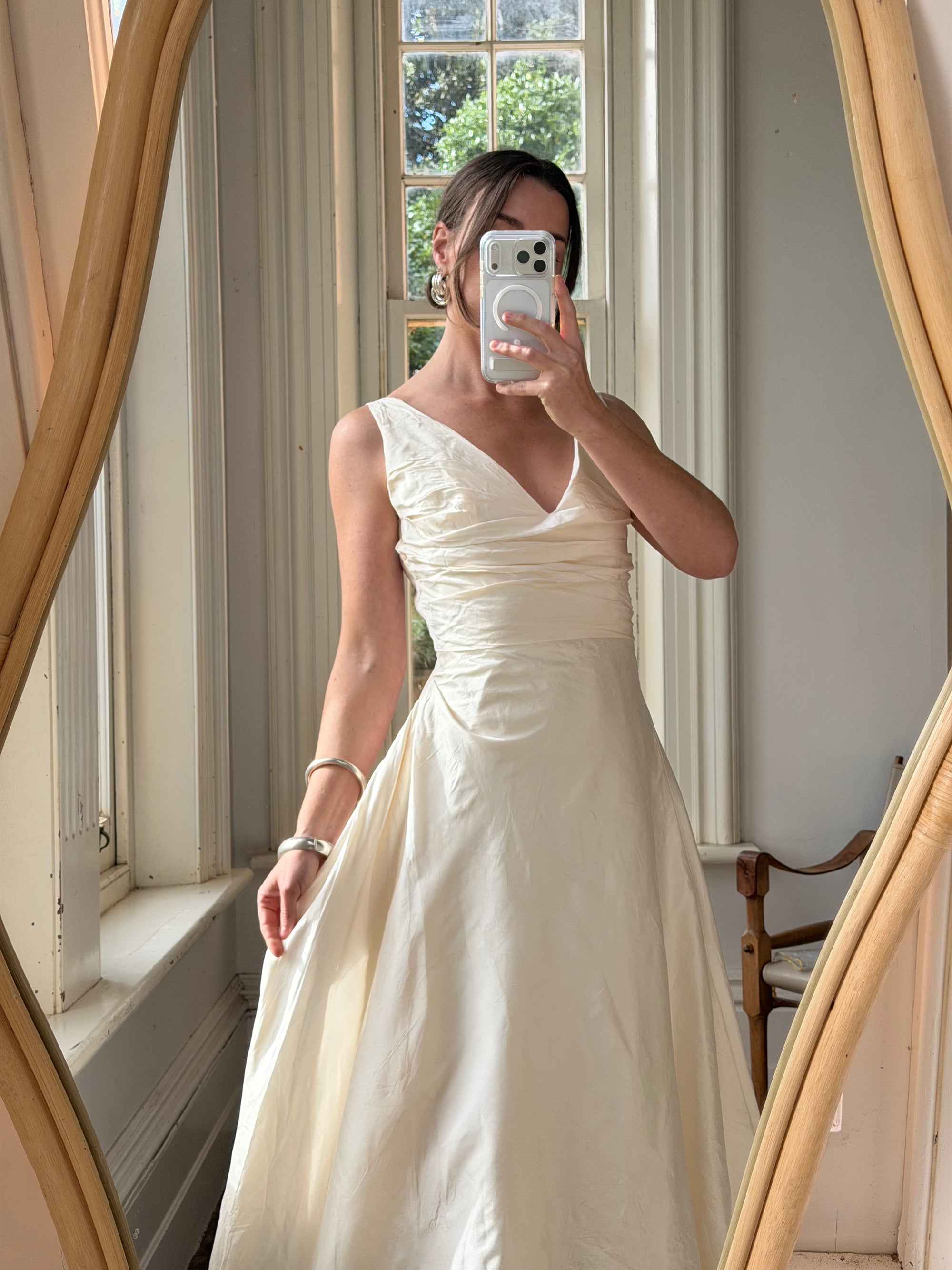 Vintage 90s Ivory Silk V-Neck A-Line Wedding Gown
