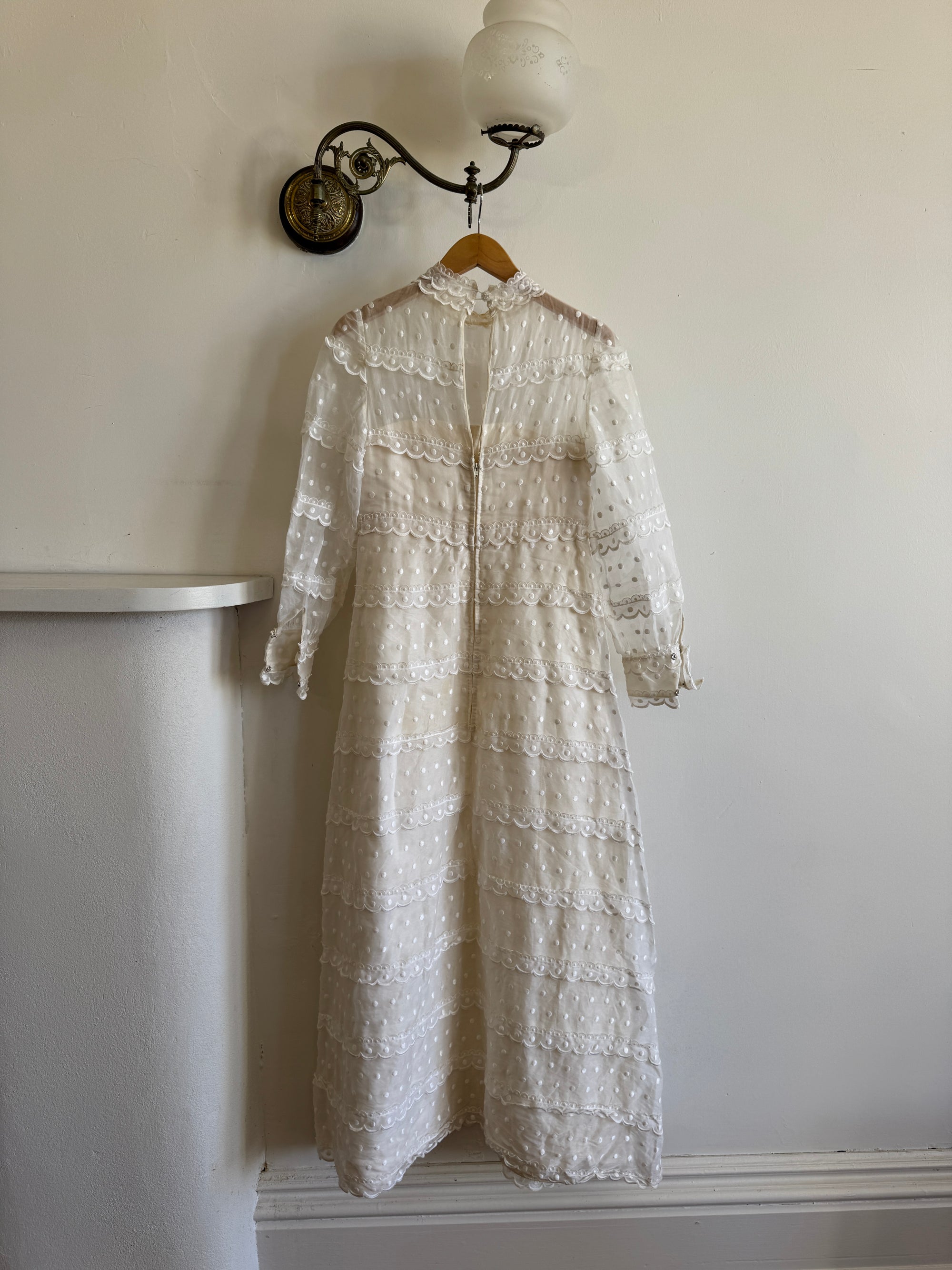 Vintage 60s Polka Dot Long Sleeved Wedding Dress Ivory