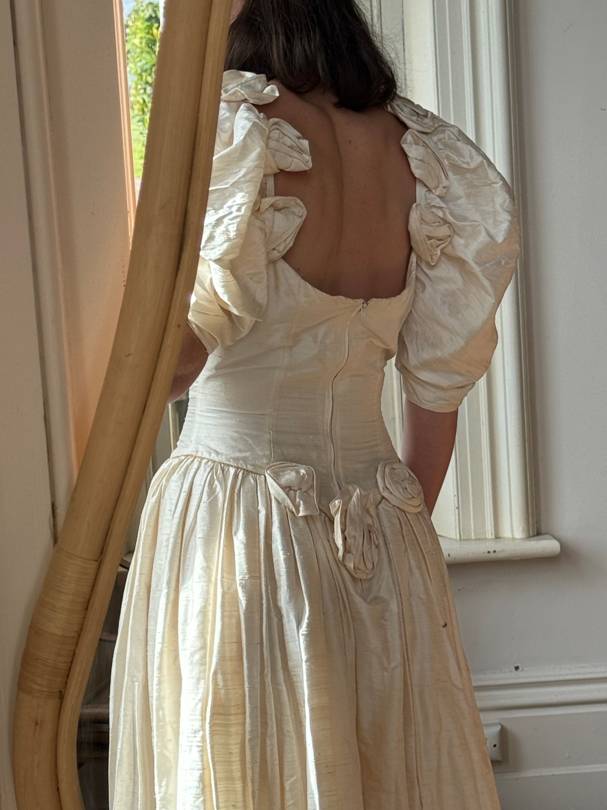 Vintage Puff Sleeve Rosette Bridal Gown