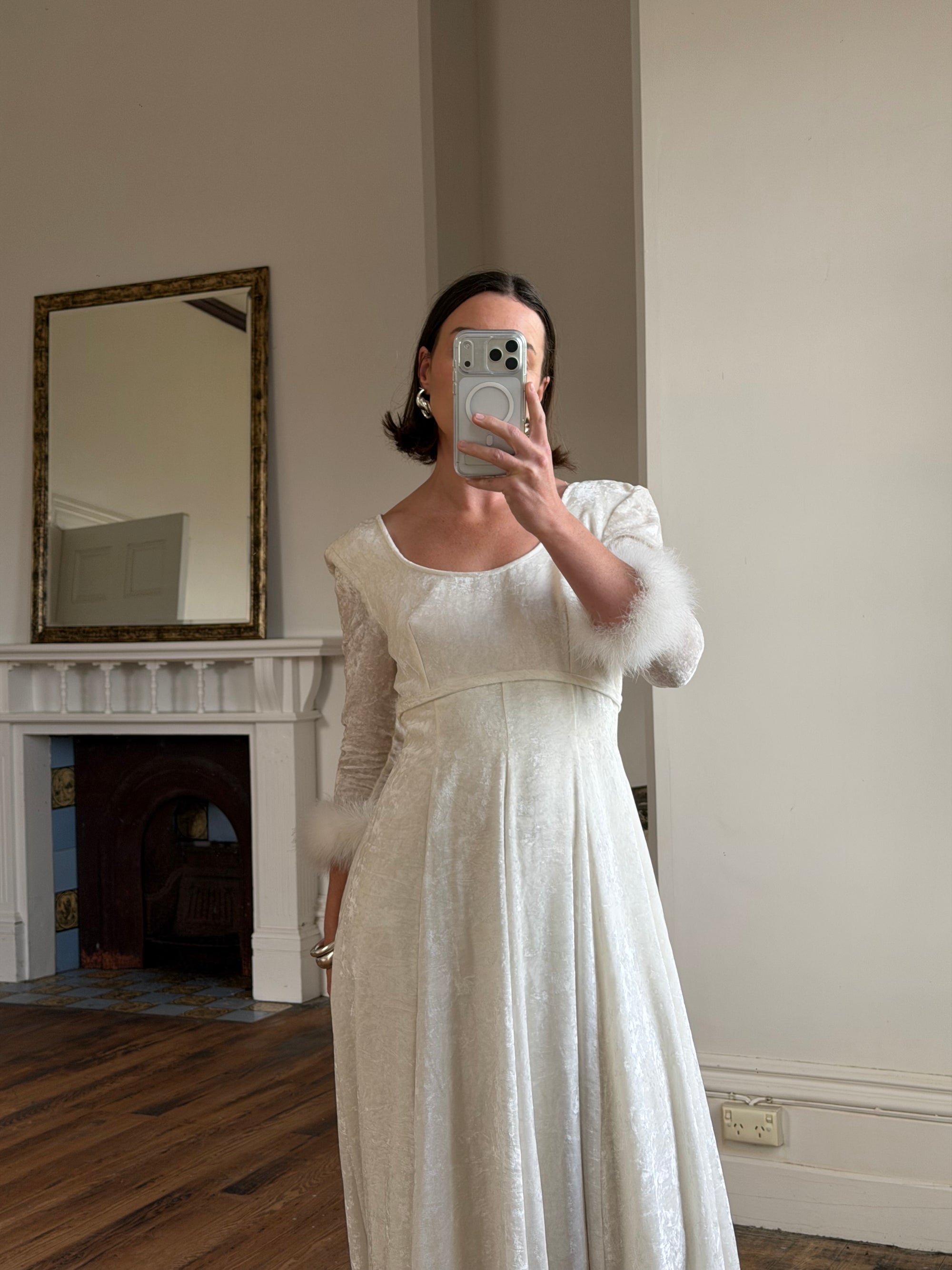 Vintage 90s Italian Velvet Long Sleeve Feather Wedding Gown