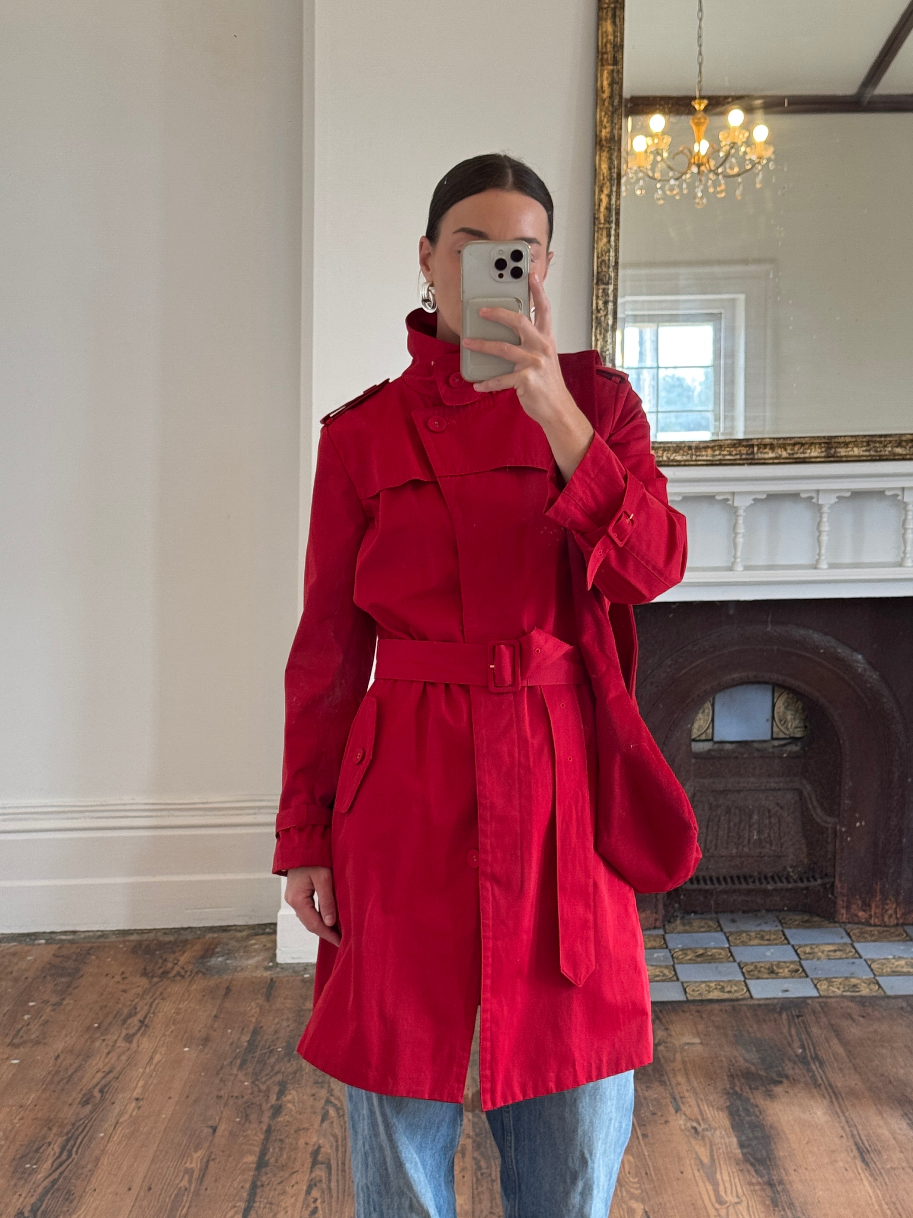 Vintage 90s Red Mid Length Trench Coat