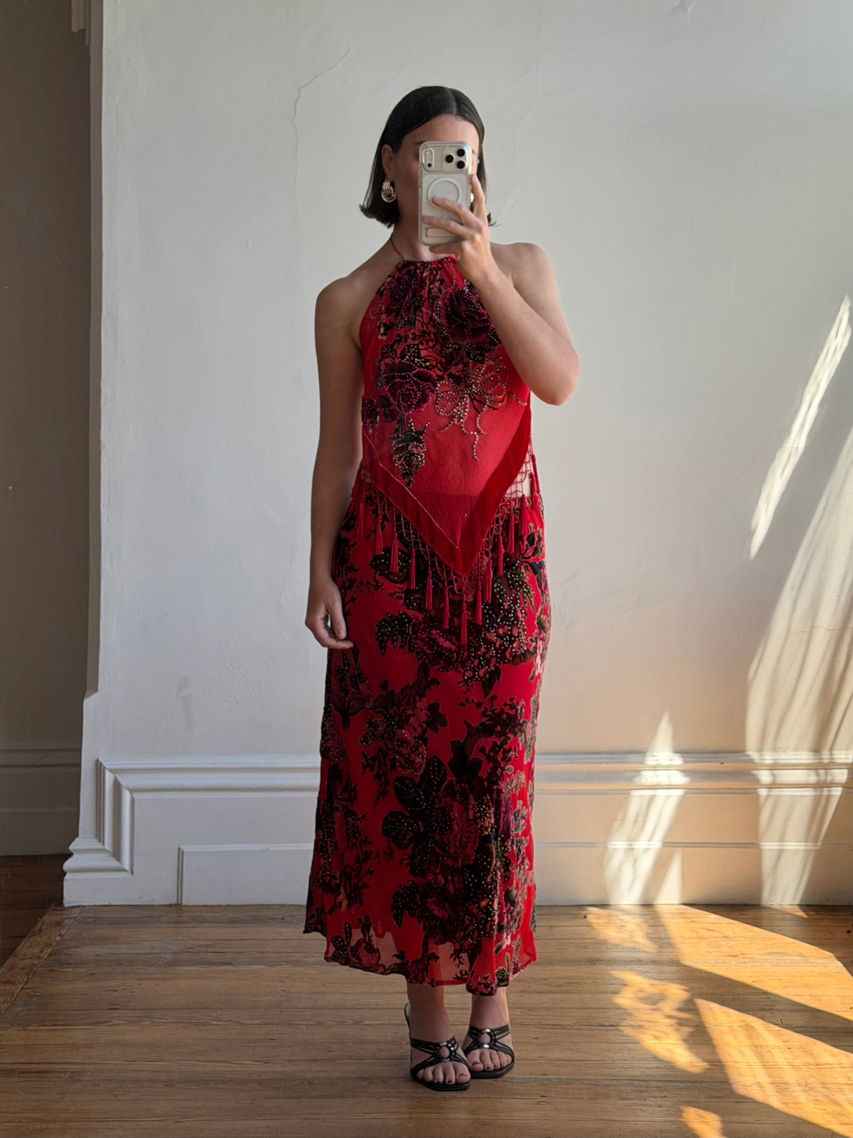 Vintage Y2K Burnt Velvet Beaded Fringe Halter and Skirt Set Crimson