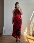 Vintage Y2K Burnt Velvet Beaded Fringe Halter and Skirt Set Crimson