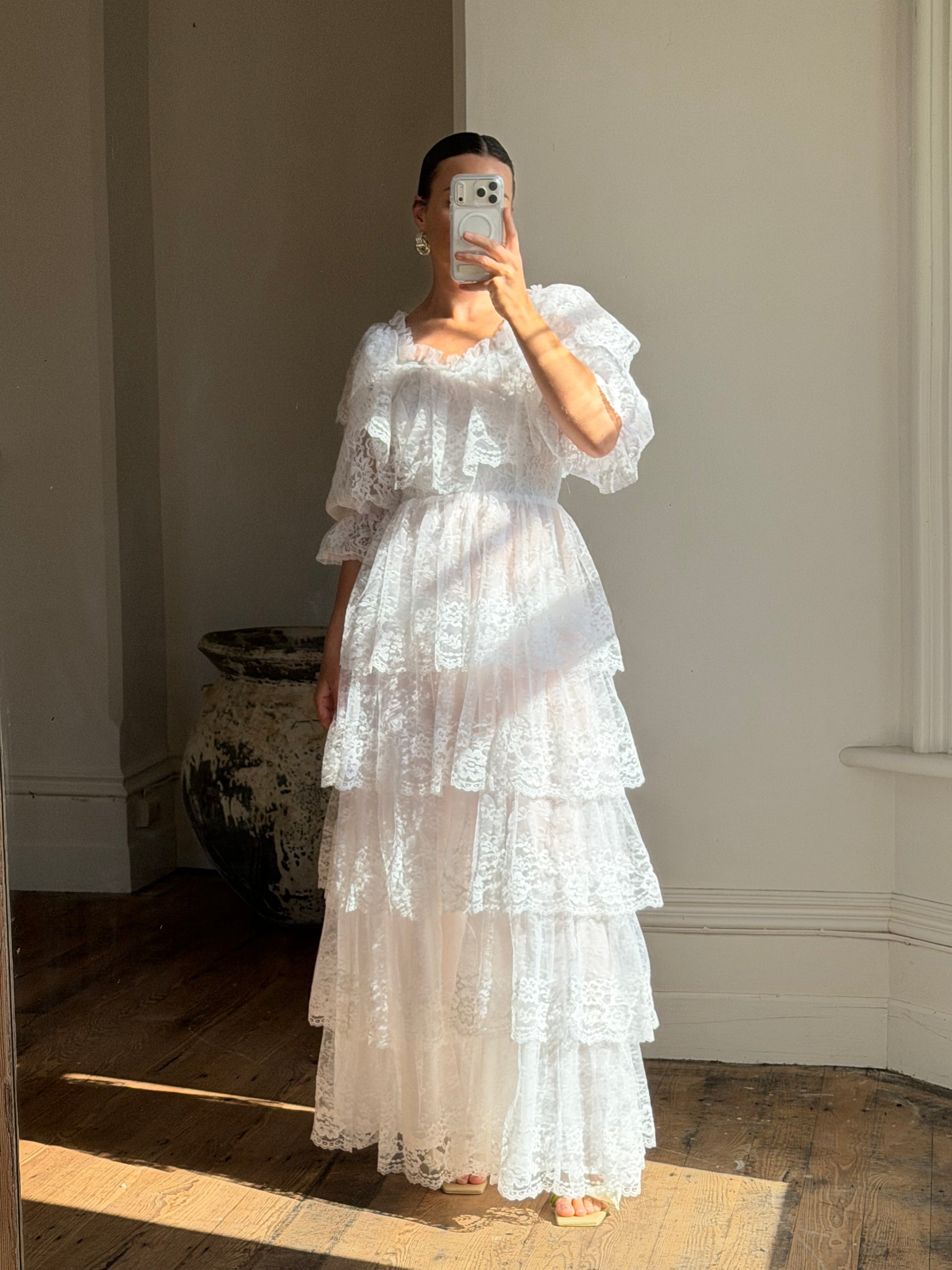 Vintage 70s Tiered Lace Wedding Dress Crisp White