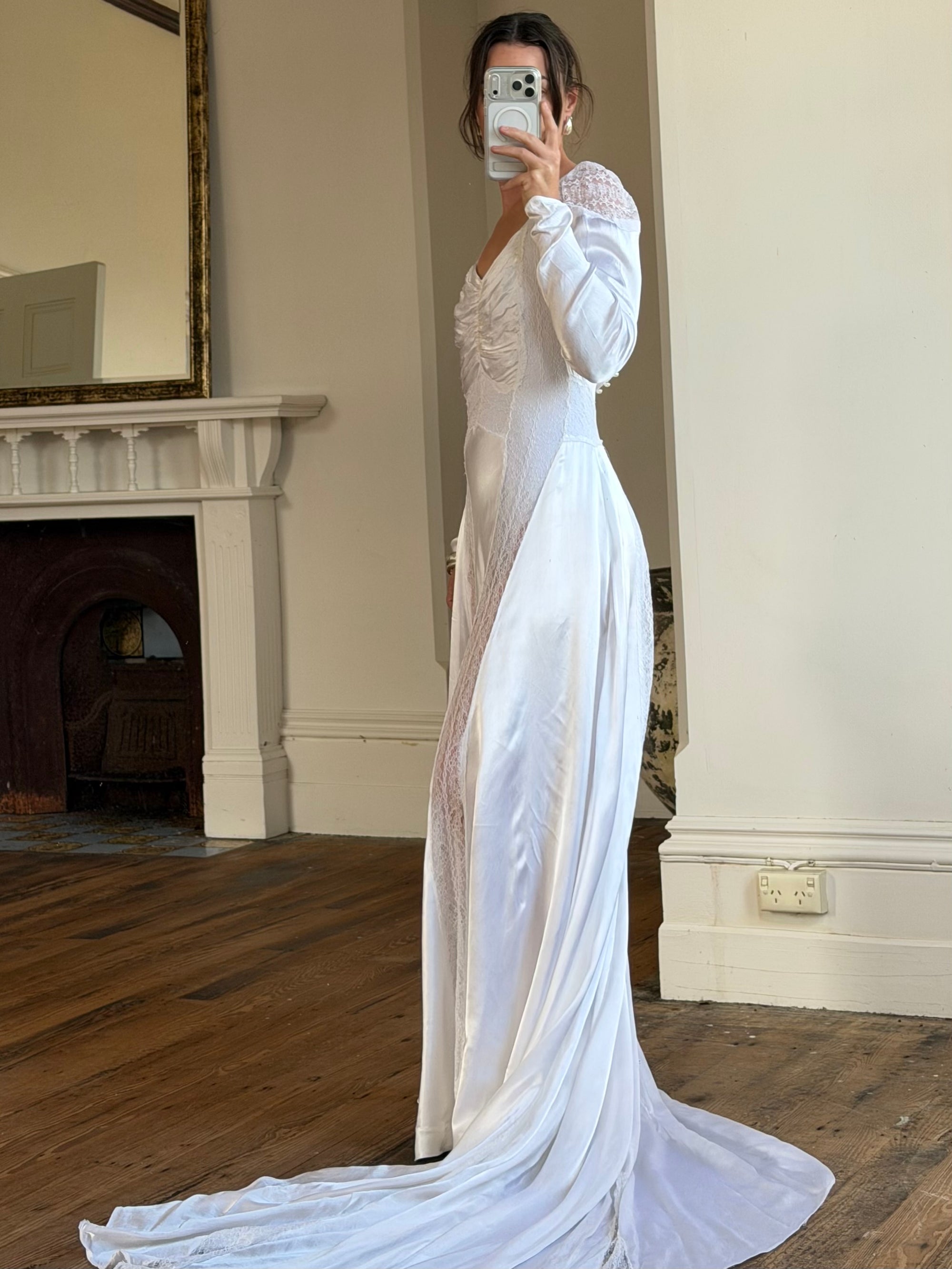 Vintage 40s Liquid Silk Satin Sheer Lace Wedding Gown