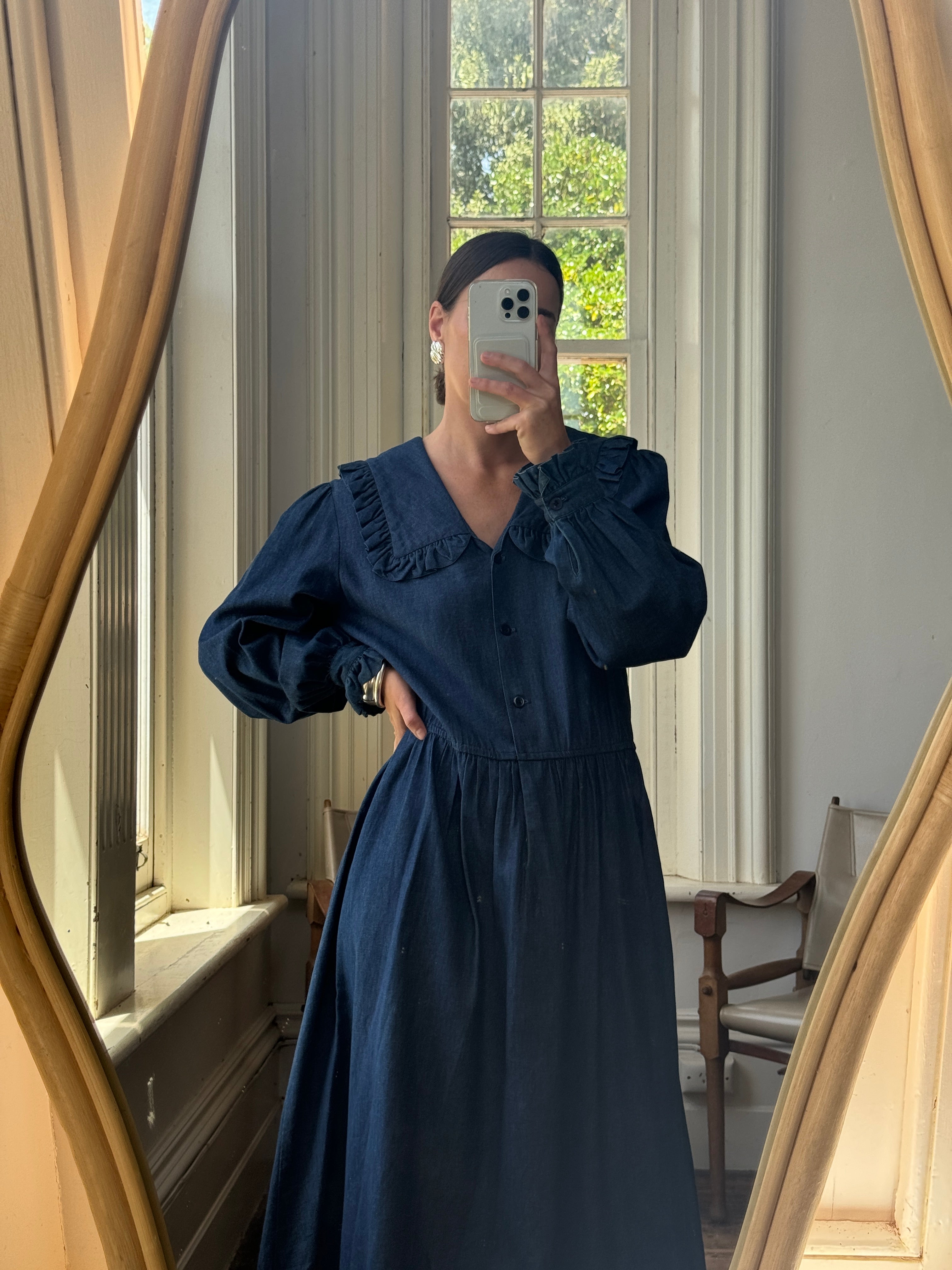 Vintage 80s Giant Collar Chambray Dress Navy