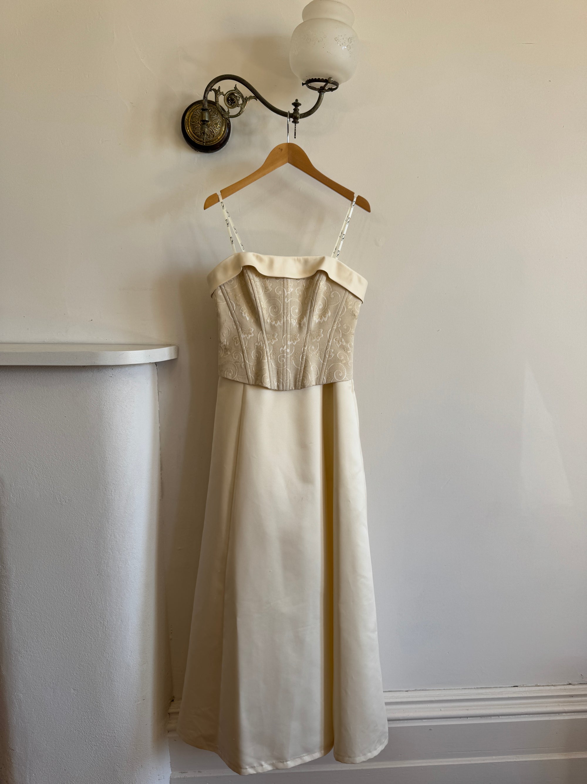 Vintage 90s Light Golden Brocade Strapless Satin Wedding Dress