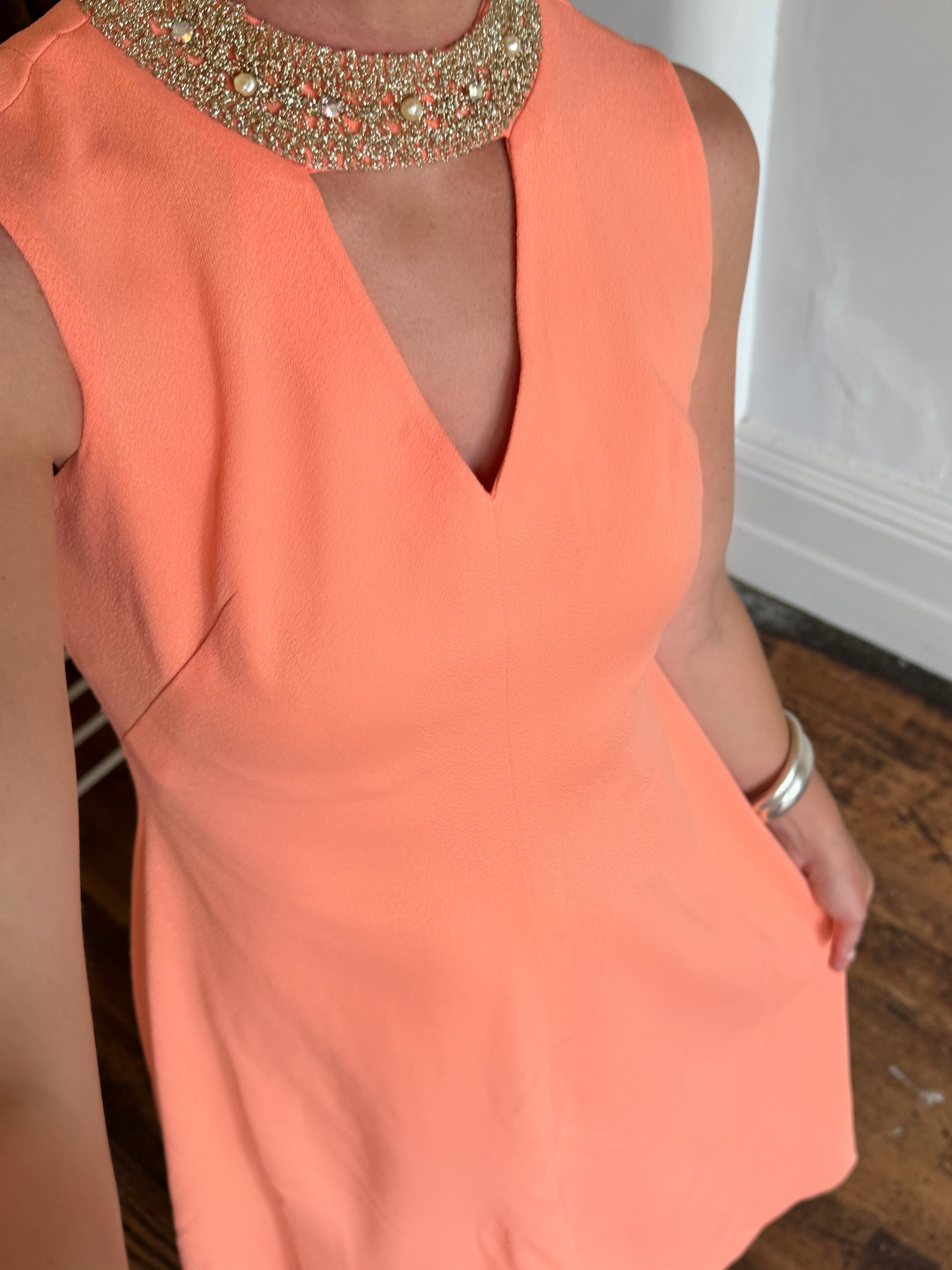 Vintage 70s Rhinestone Collared Sleeveless Dress Coral