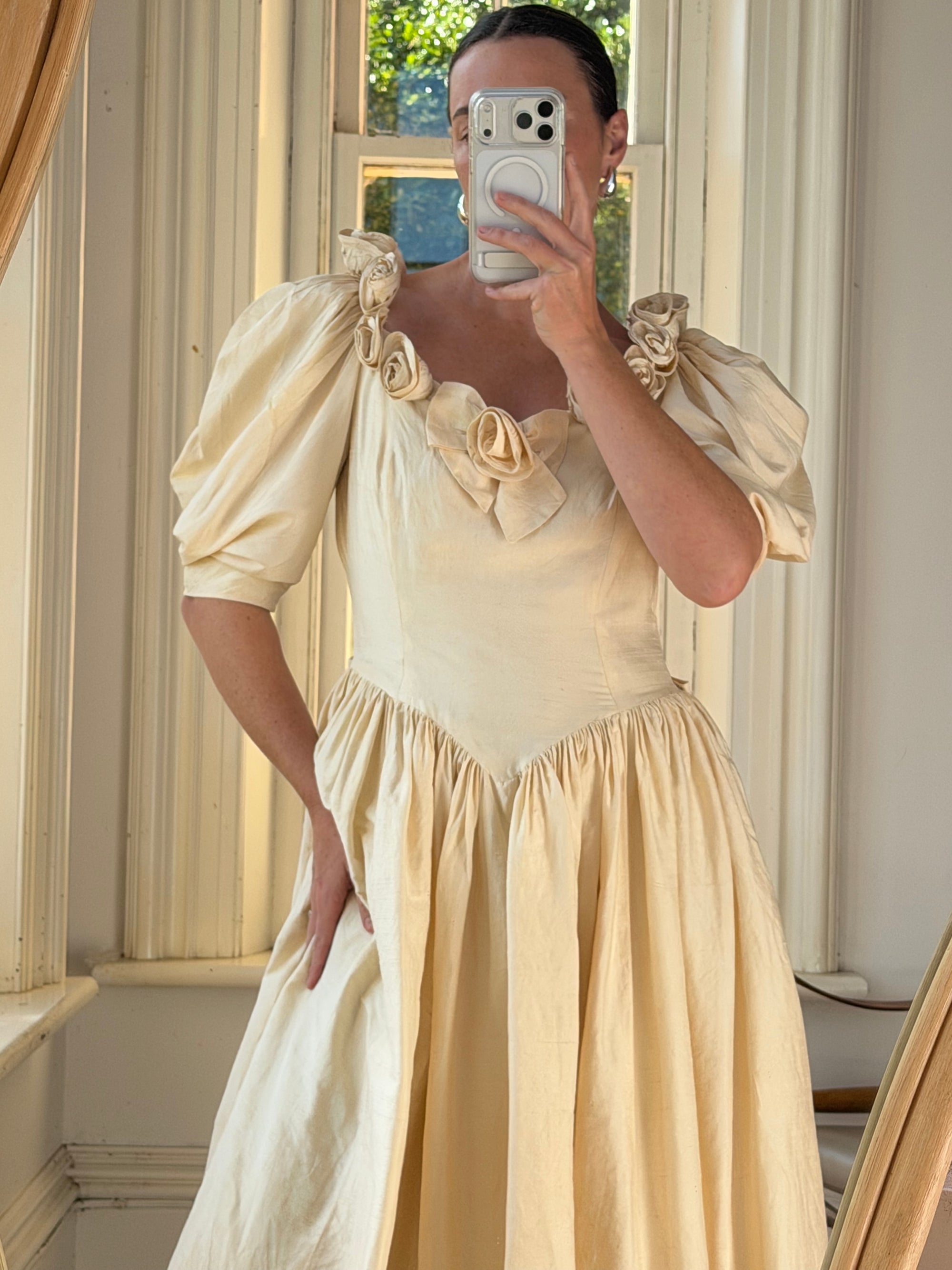 Vintage 90s Silk Dupion Rosette Bridal Midi Gown