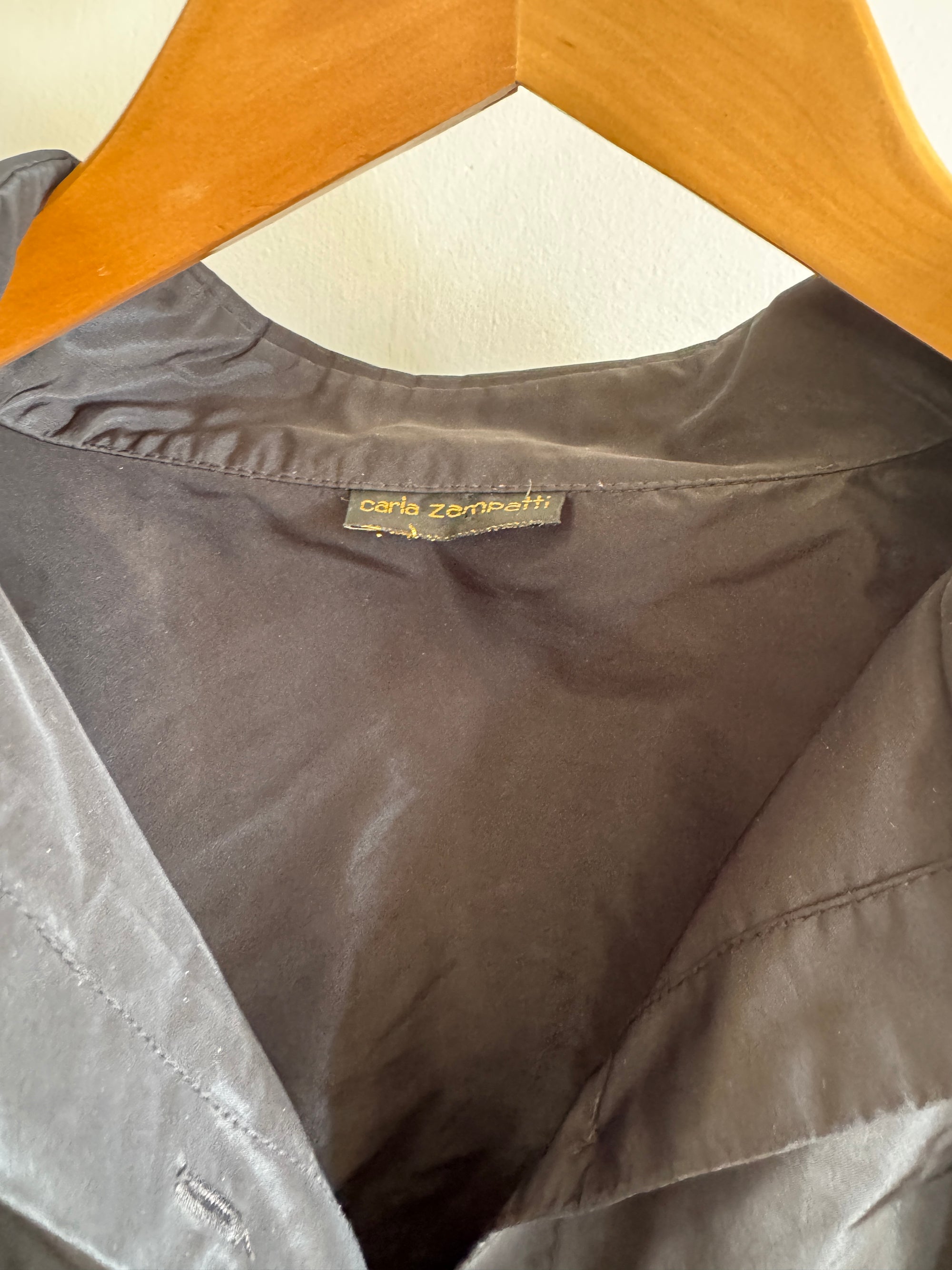 Vintage 90s Taffeta Button Up Structured Blouse Noir