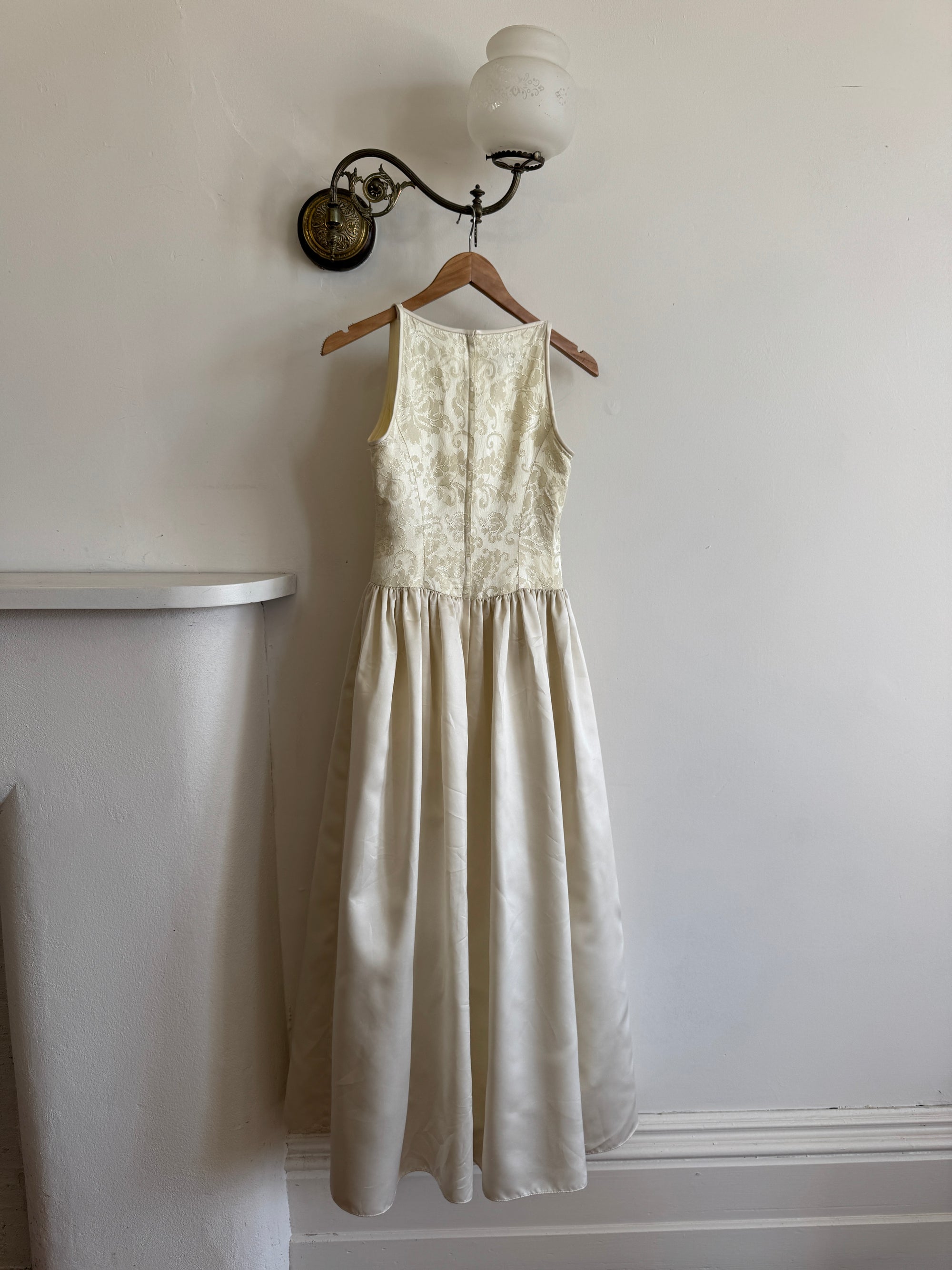 Vintage 90s Brocade High Front Satin Wedding Gown Champagne