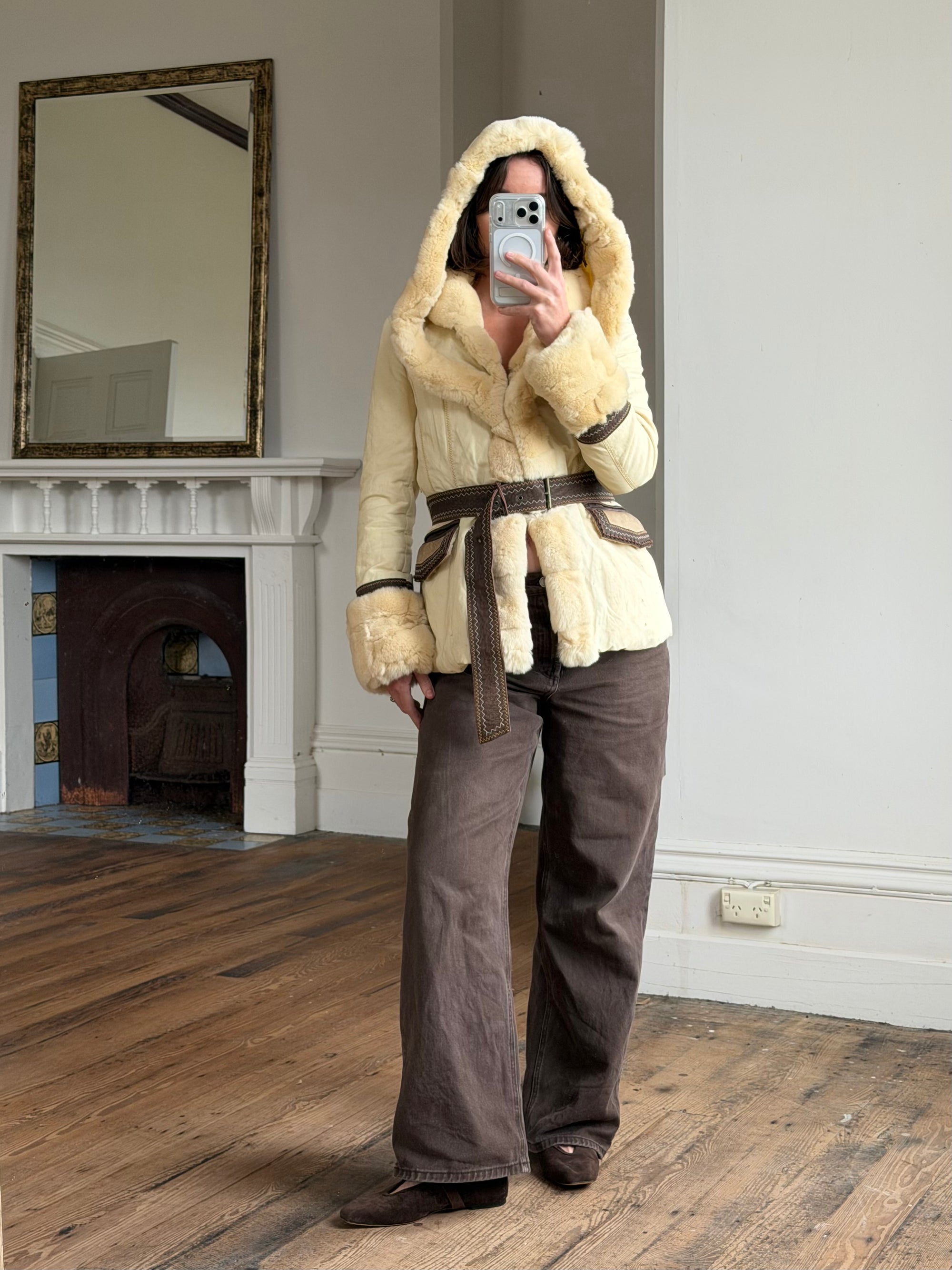 Vintage Y2K Italian Leather and Fur Belted Jacket with Hood