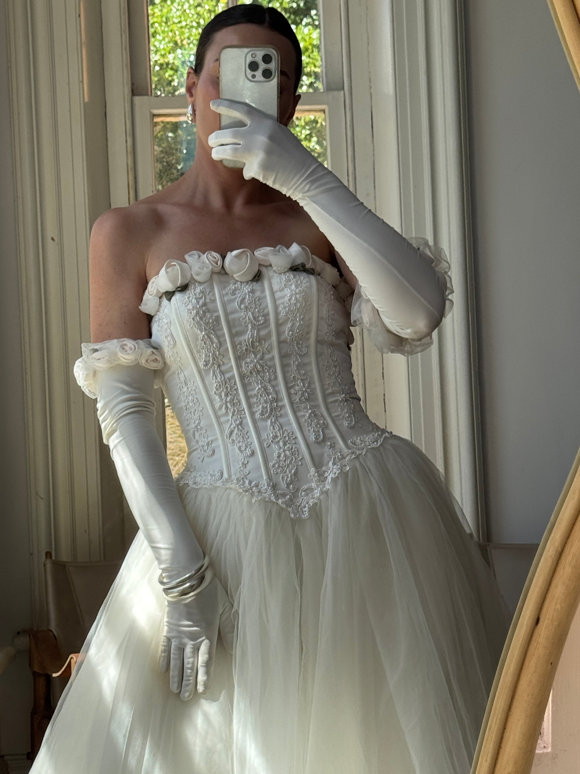 Vintage 90s Rosette Tulle Princess Wedding Gown with Gloves