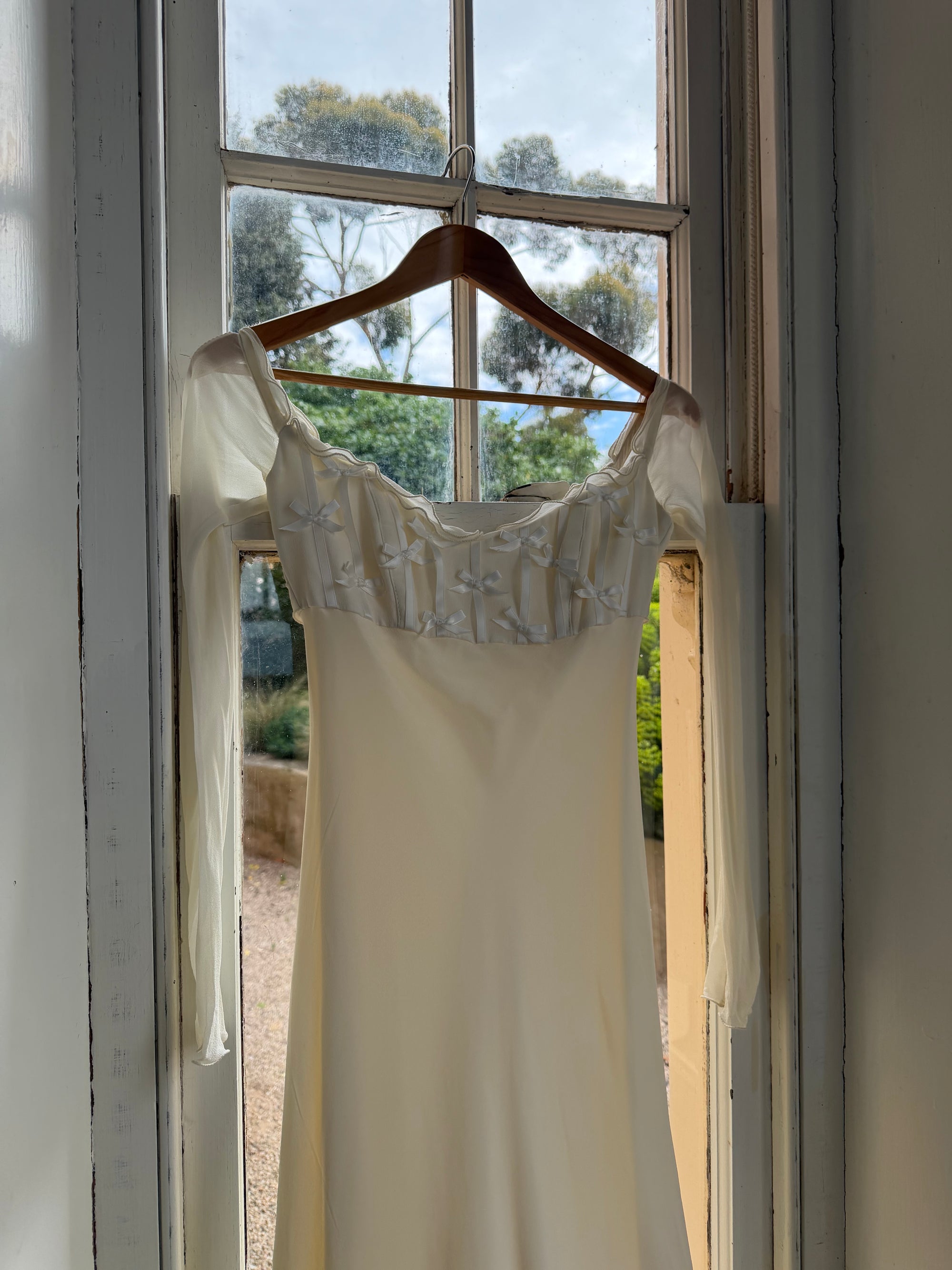 Vintage 90s Pure Silk Chiffon Empire Bow Off Shoulder Wedding Dress