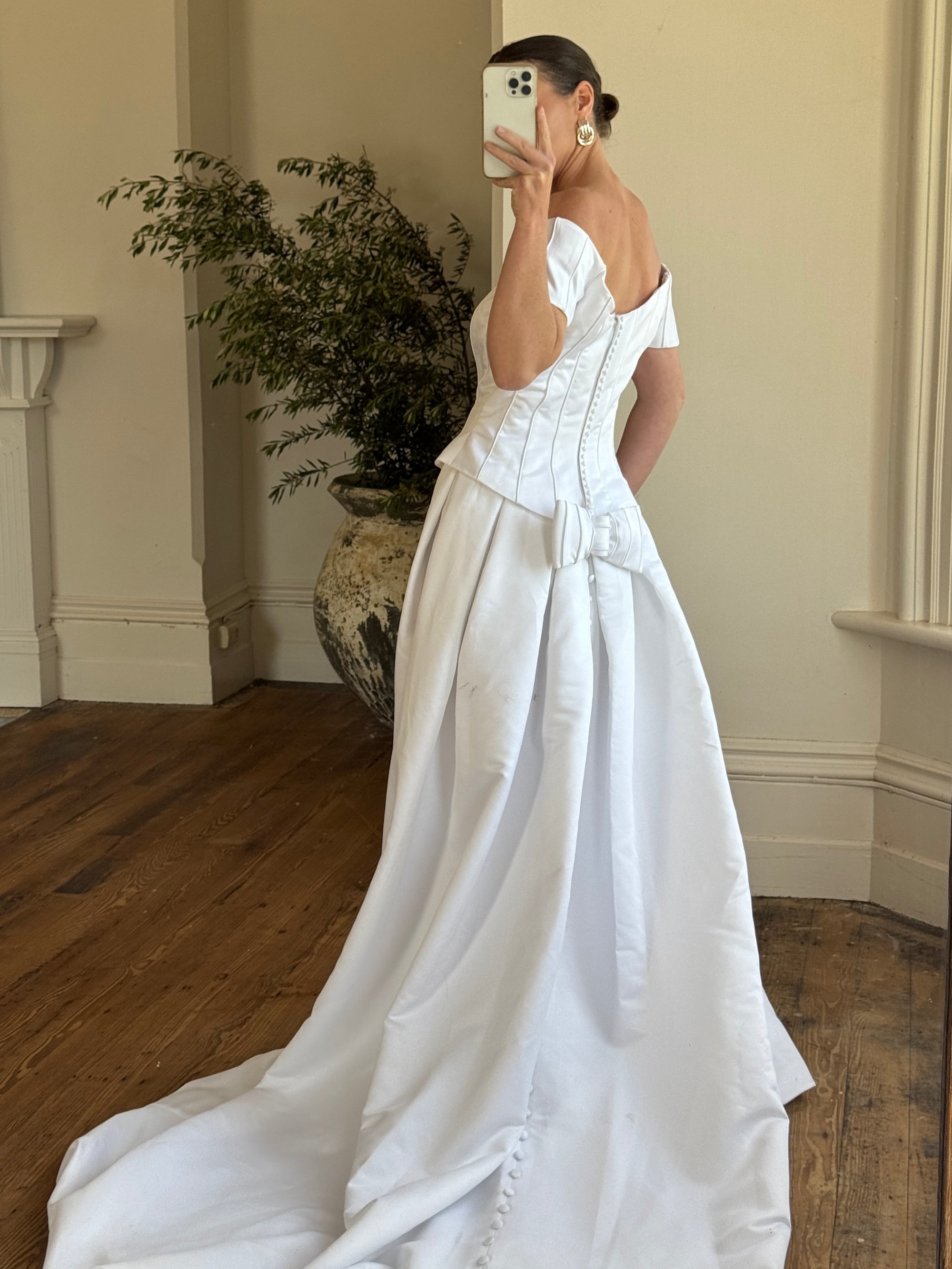 Vintage 90s Off Shoulder Box Pleat Wedding Gown