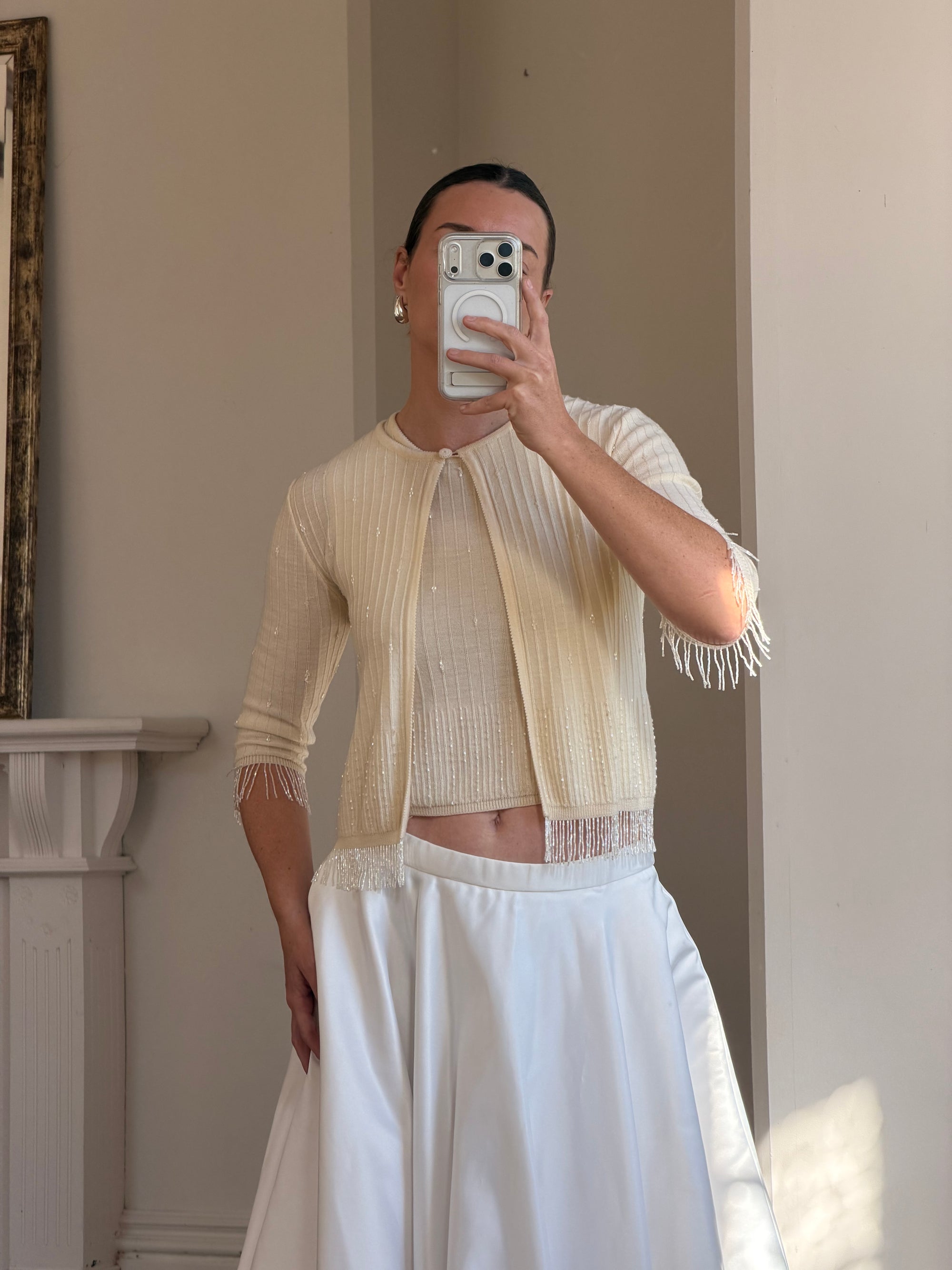 Vintage 60s Merino Wool Beaded Fringe Cardi and Tank Set