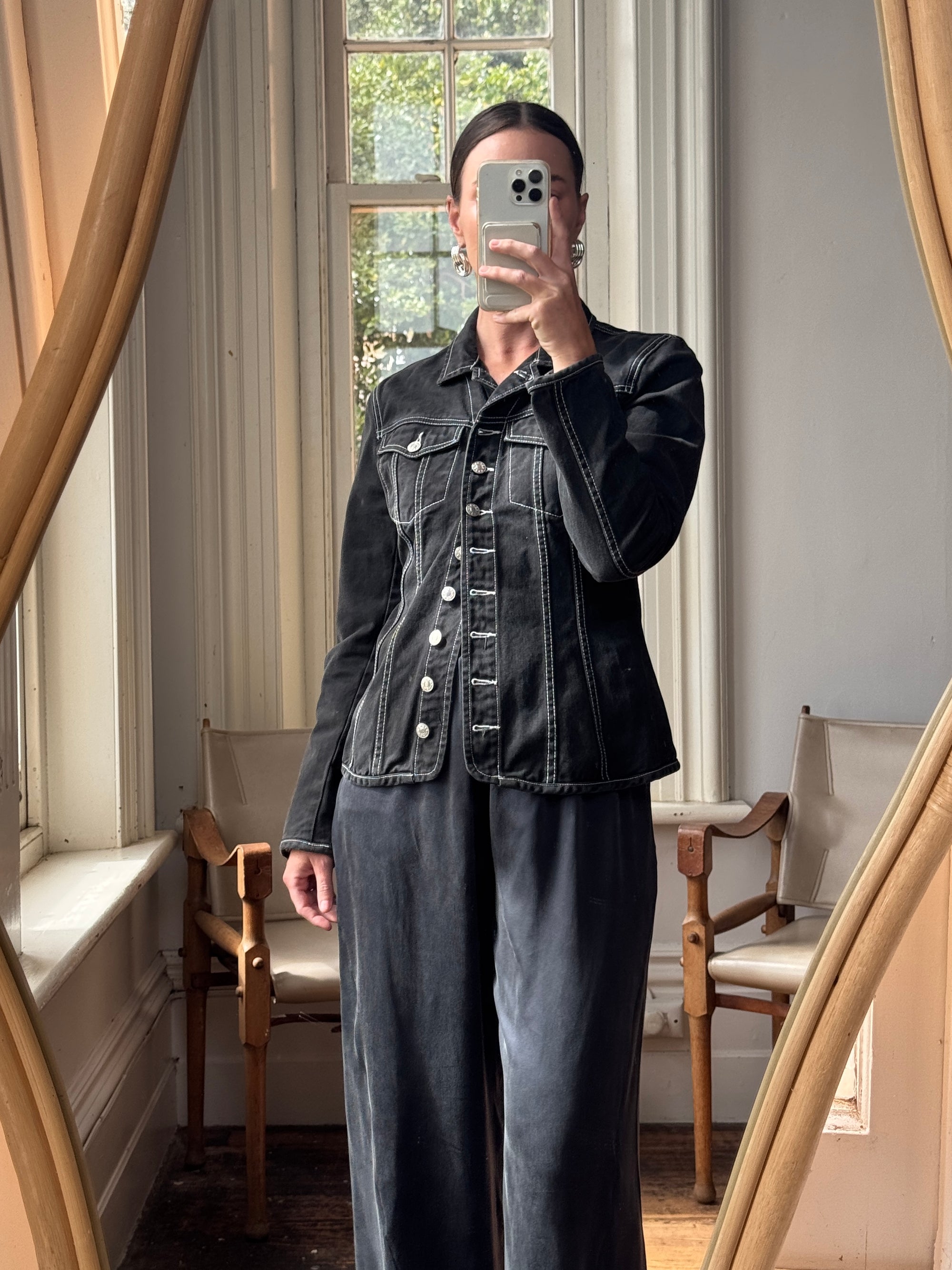 Vintage 90s Black Denim Contrast Stitch Top
