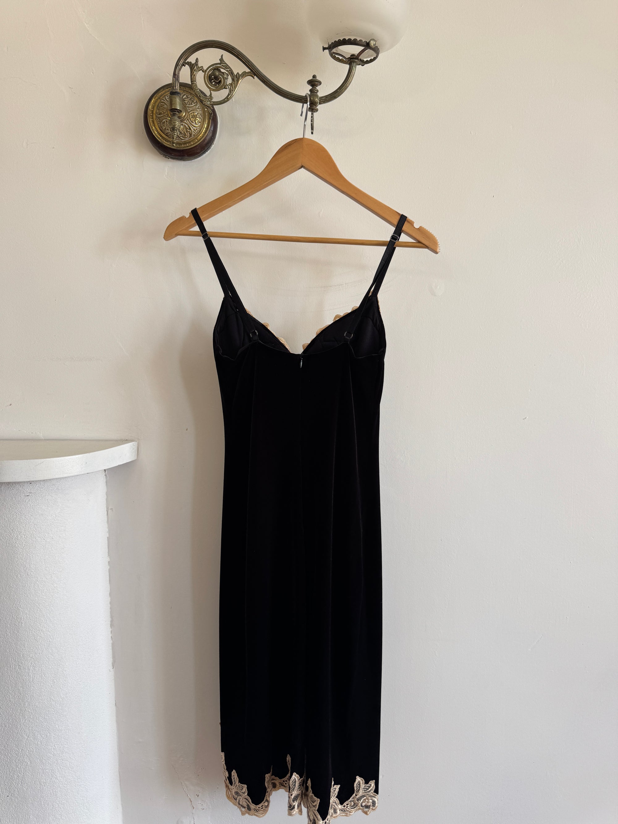 Vintage 90s Australian Made Velvet Lace Side Split Dress Creme Noir