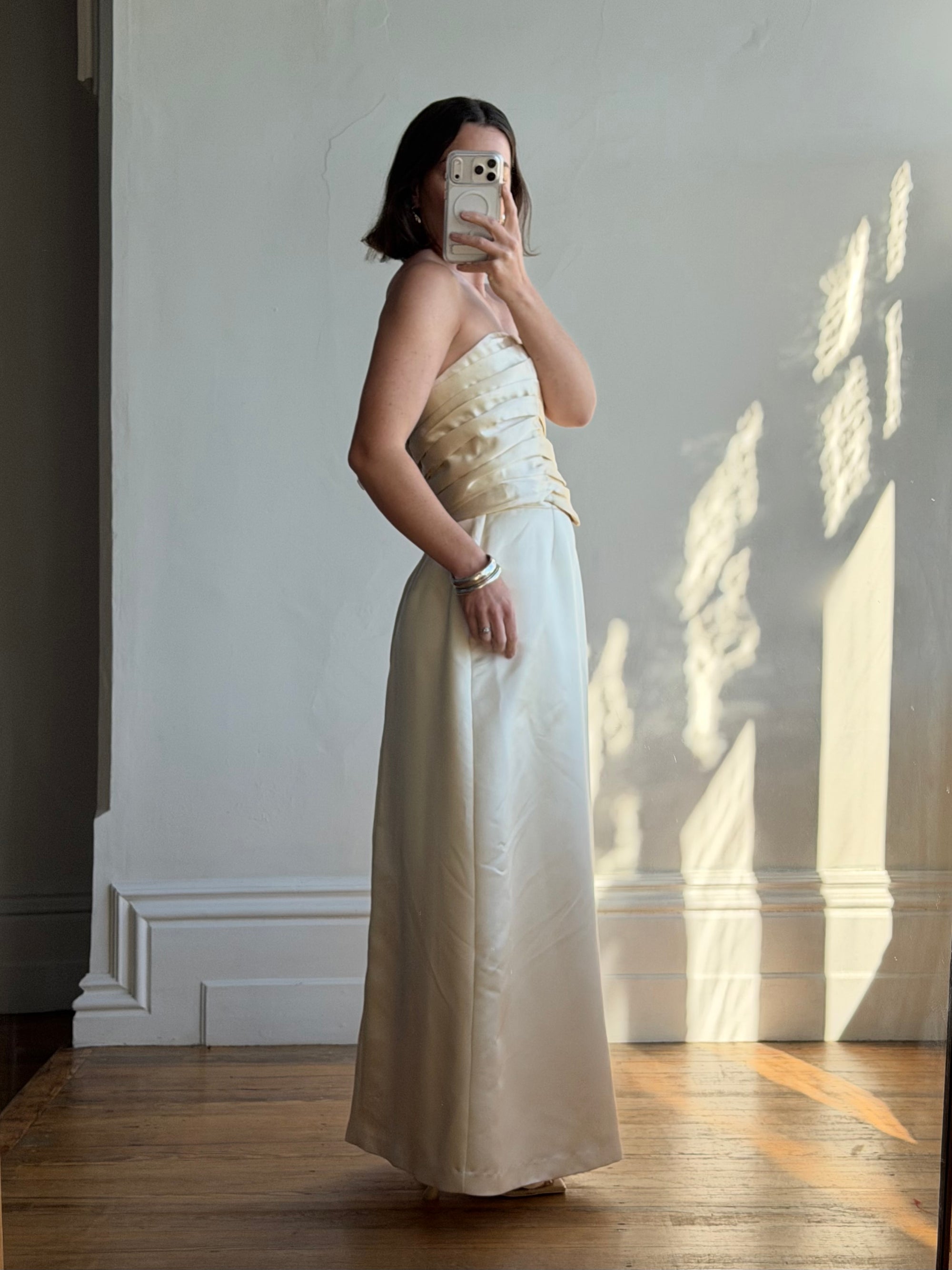 Vintage 90s Ruched Satin Two Piece Bridal Set Champagne