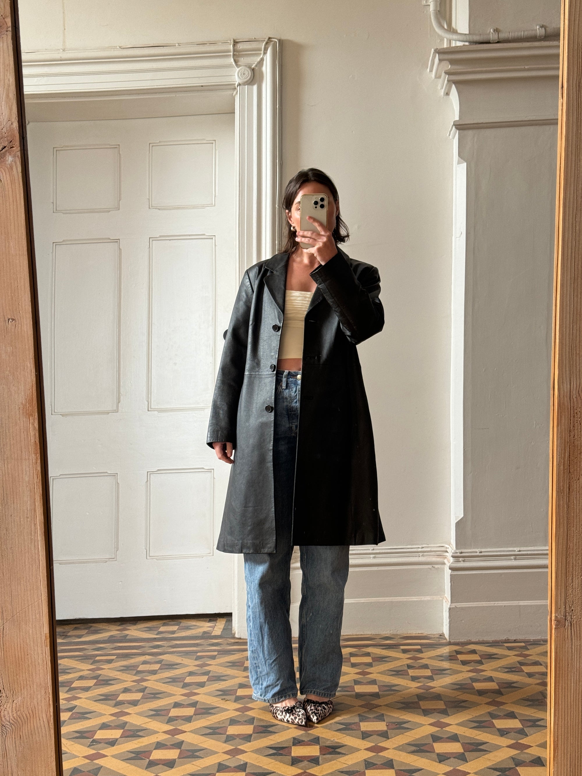 Vintage 90s Leather A Line Trench