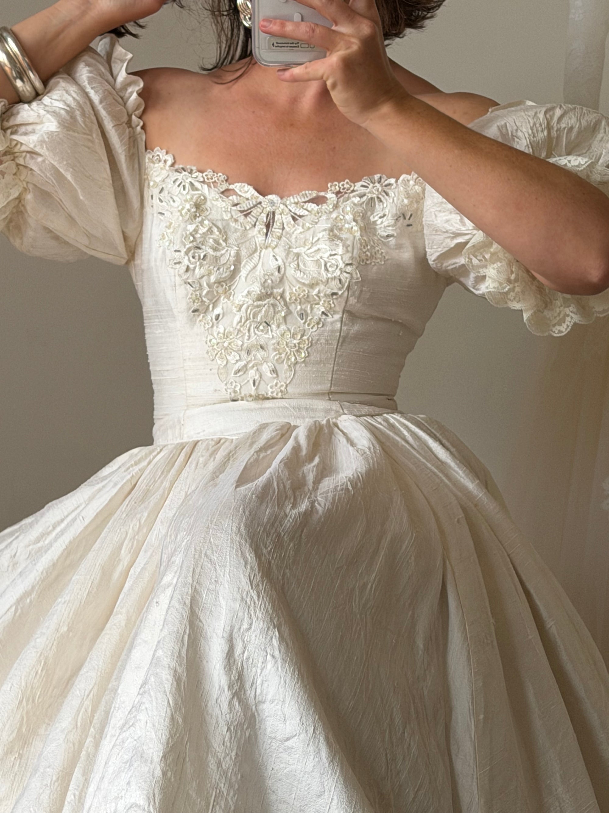 Vintage 90s Silk Puff Sleeve Embroidered Wedding Dress