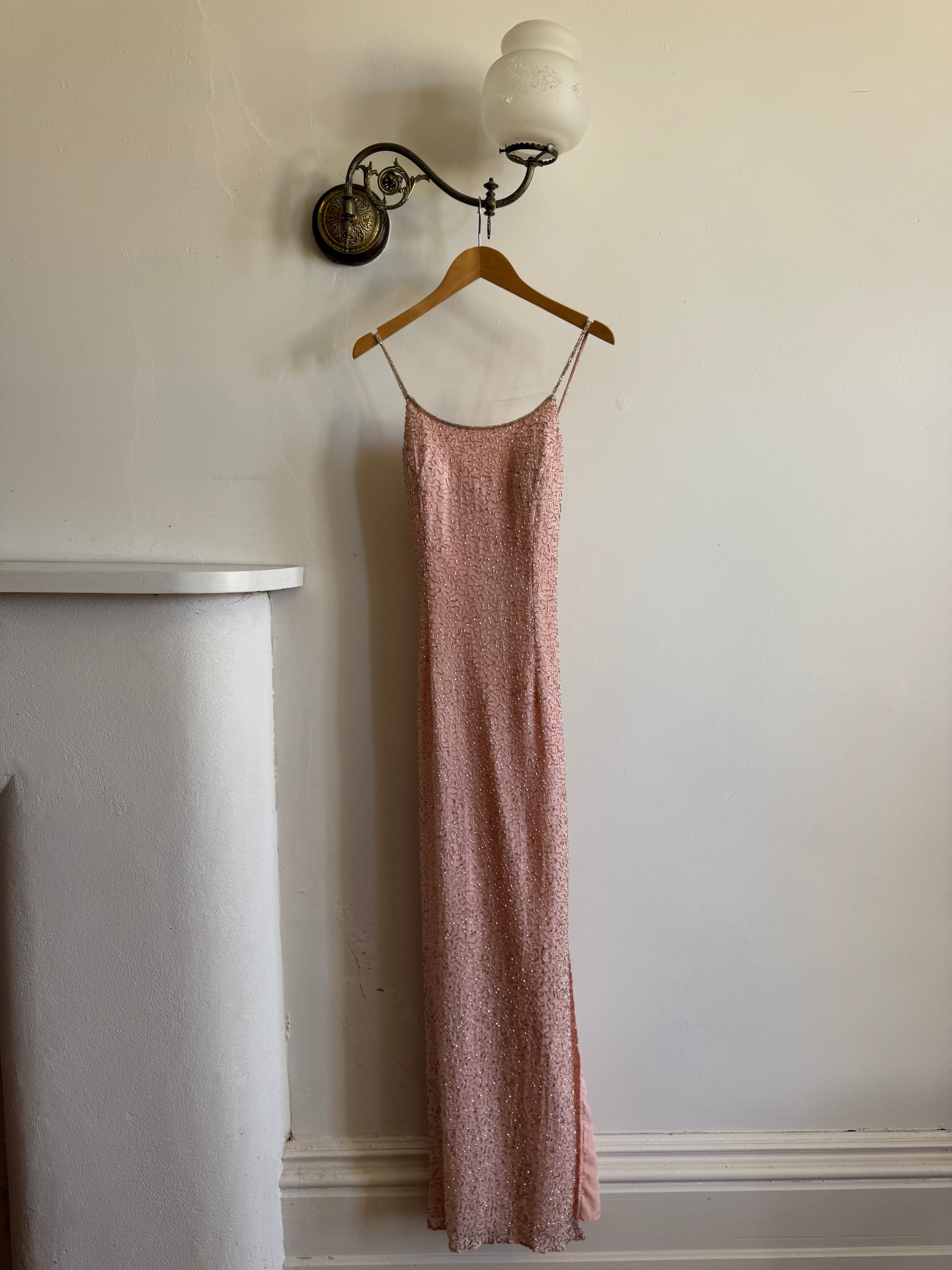 Vintage 90s Beaded Silk Party Dress Blush