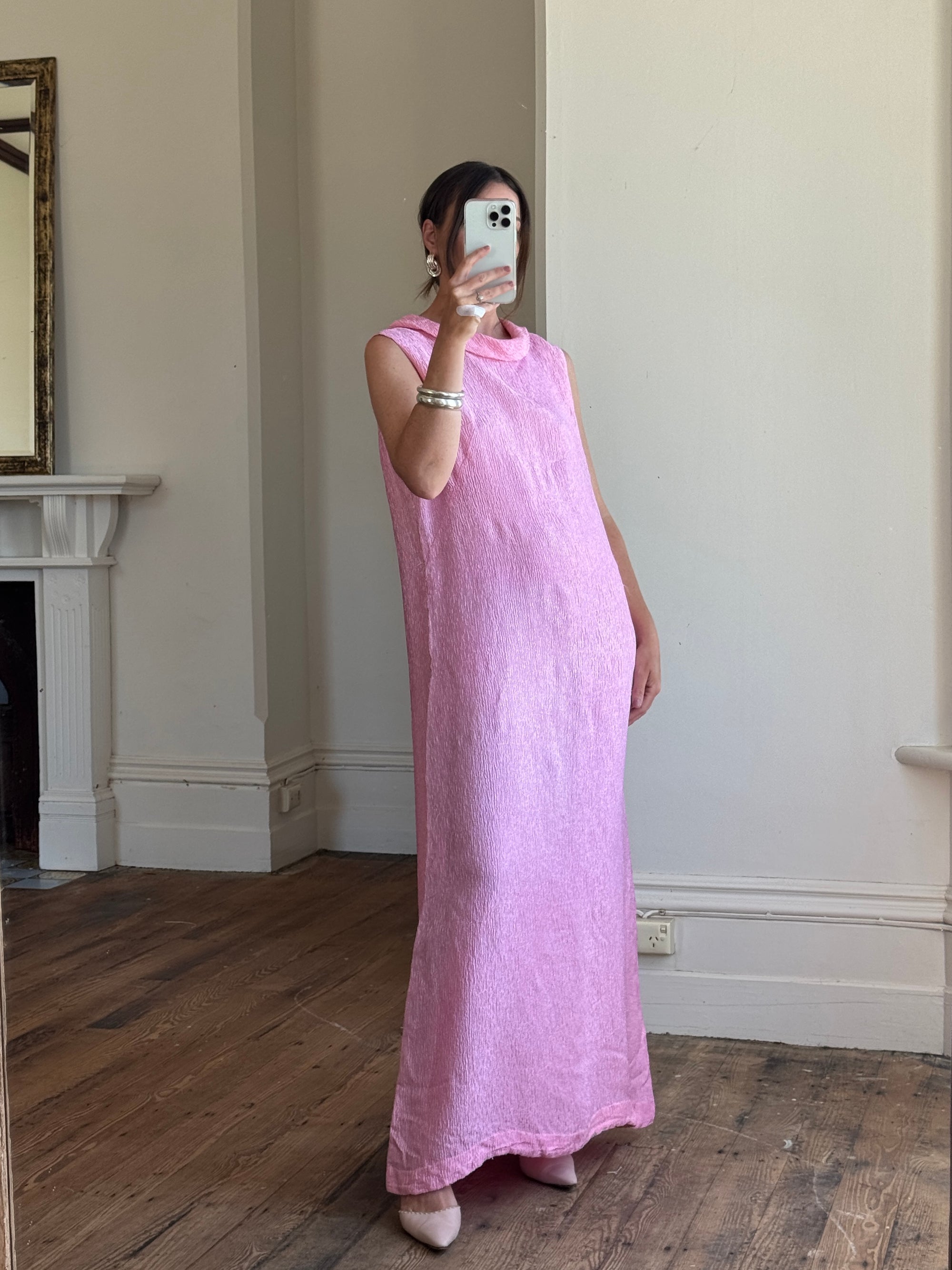 Vintage 80s Boat Neck Crinkle Dress Hot Pink