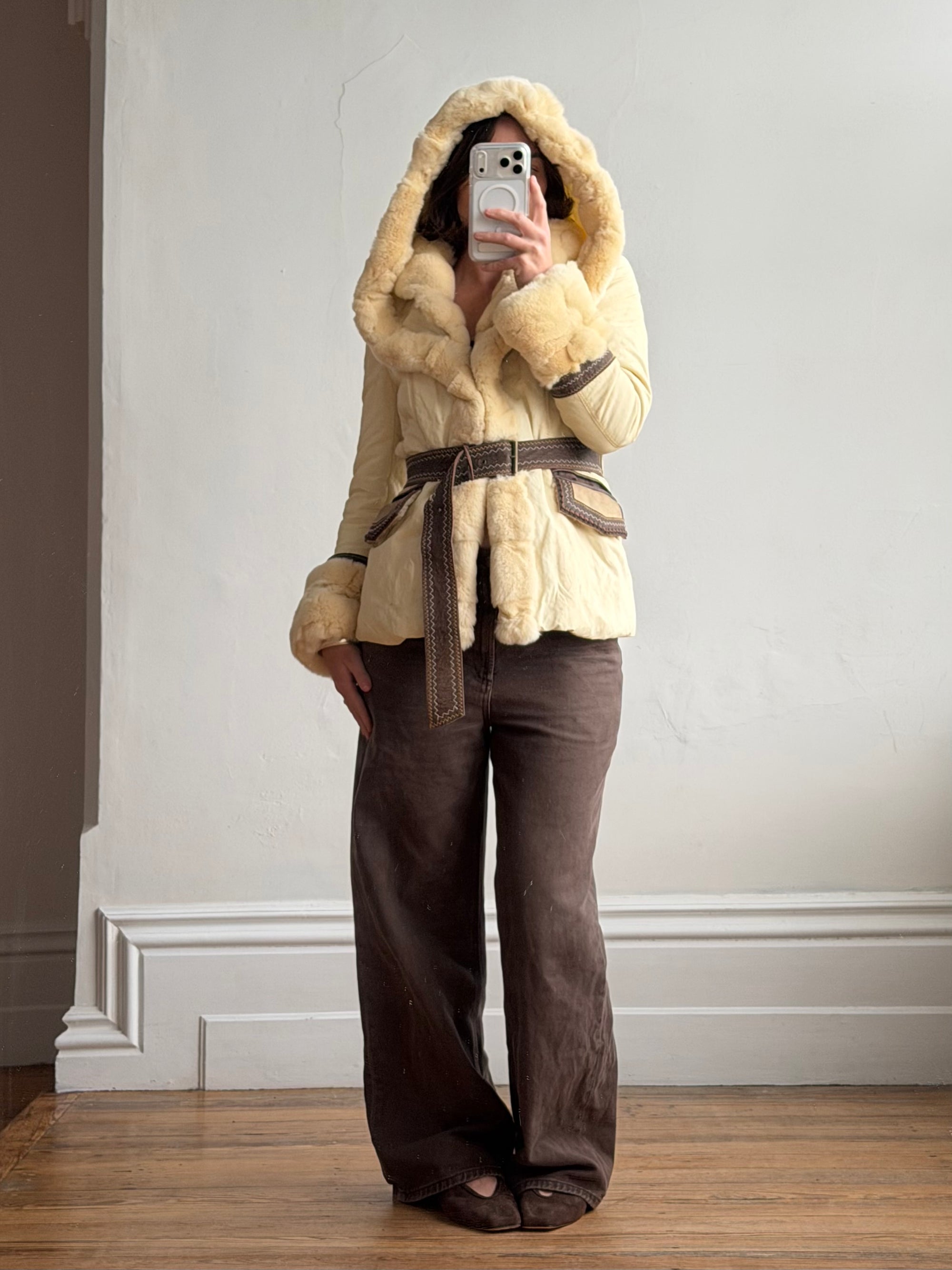 Vintage Y2K Italian Leather and Fur Belted Jacket with Hood