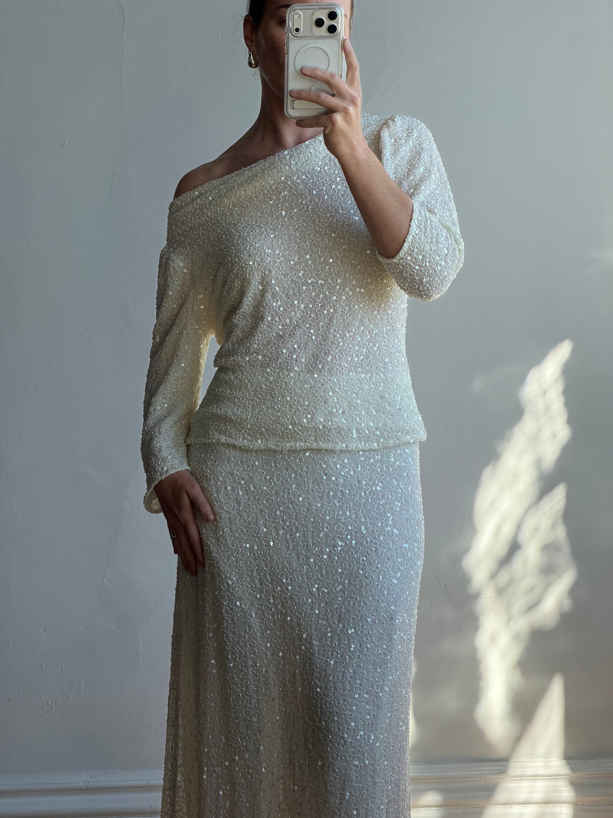 Vintage 80s Sequin Pure Silk Two Piece Bridal Set