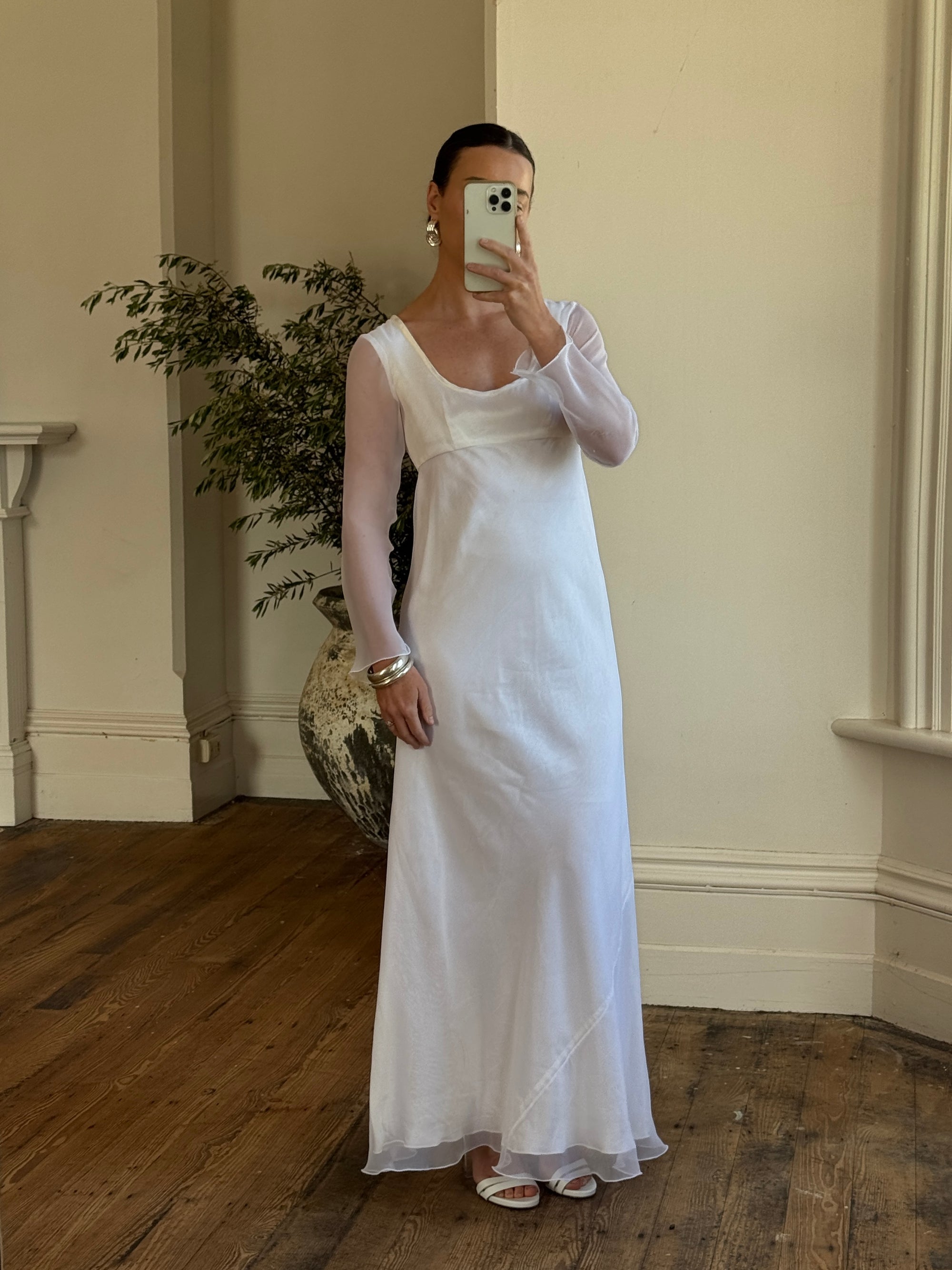 Vintage 90s Sheer Organza Long Sleeve Empire Bridal Dress