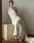 Vintage 90s High Front Lace Midi Dress with Pure Silk Train