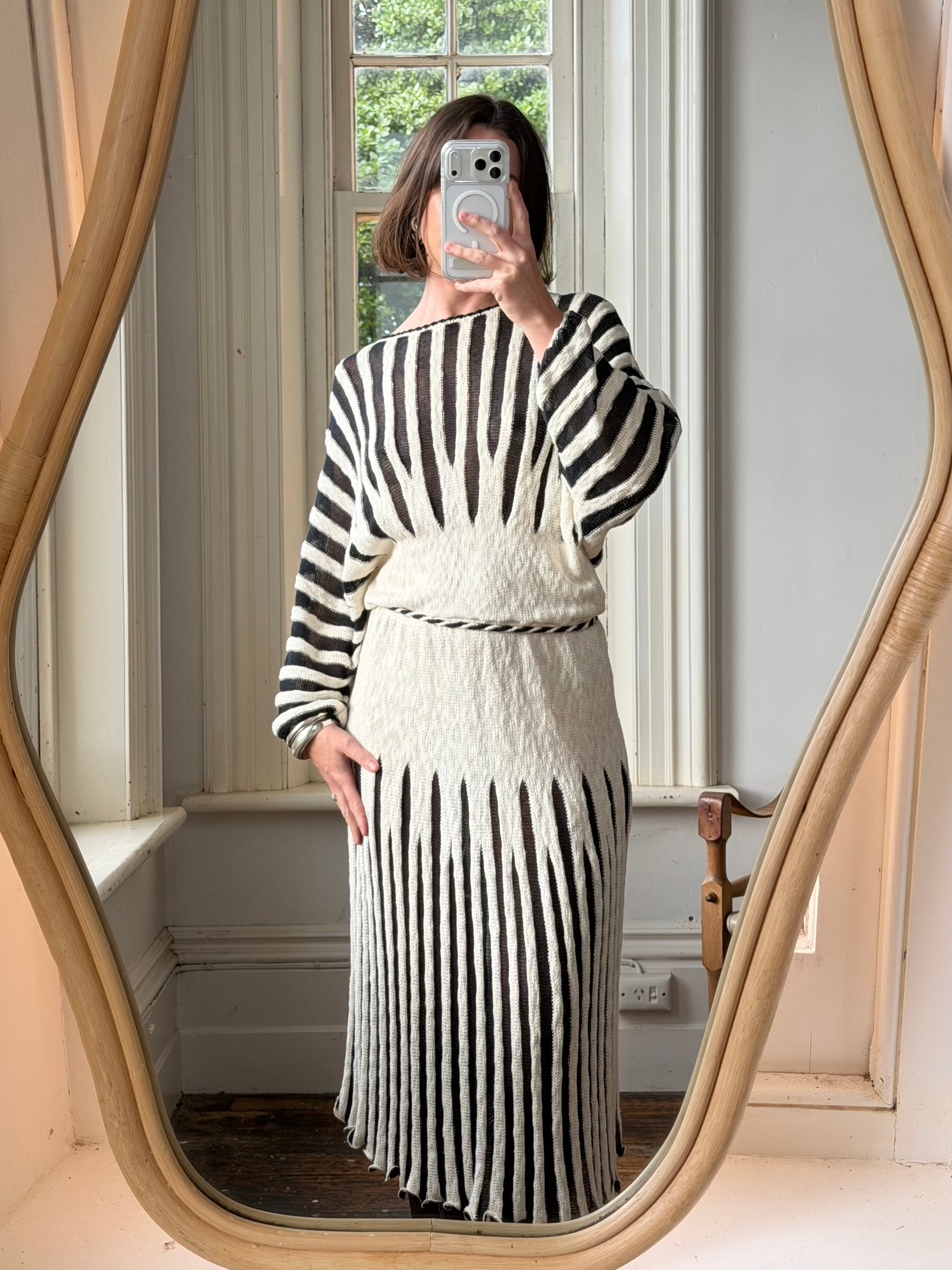 Vintage 70s Knit Batwing Midi Dress Black and Cream
