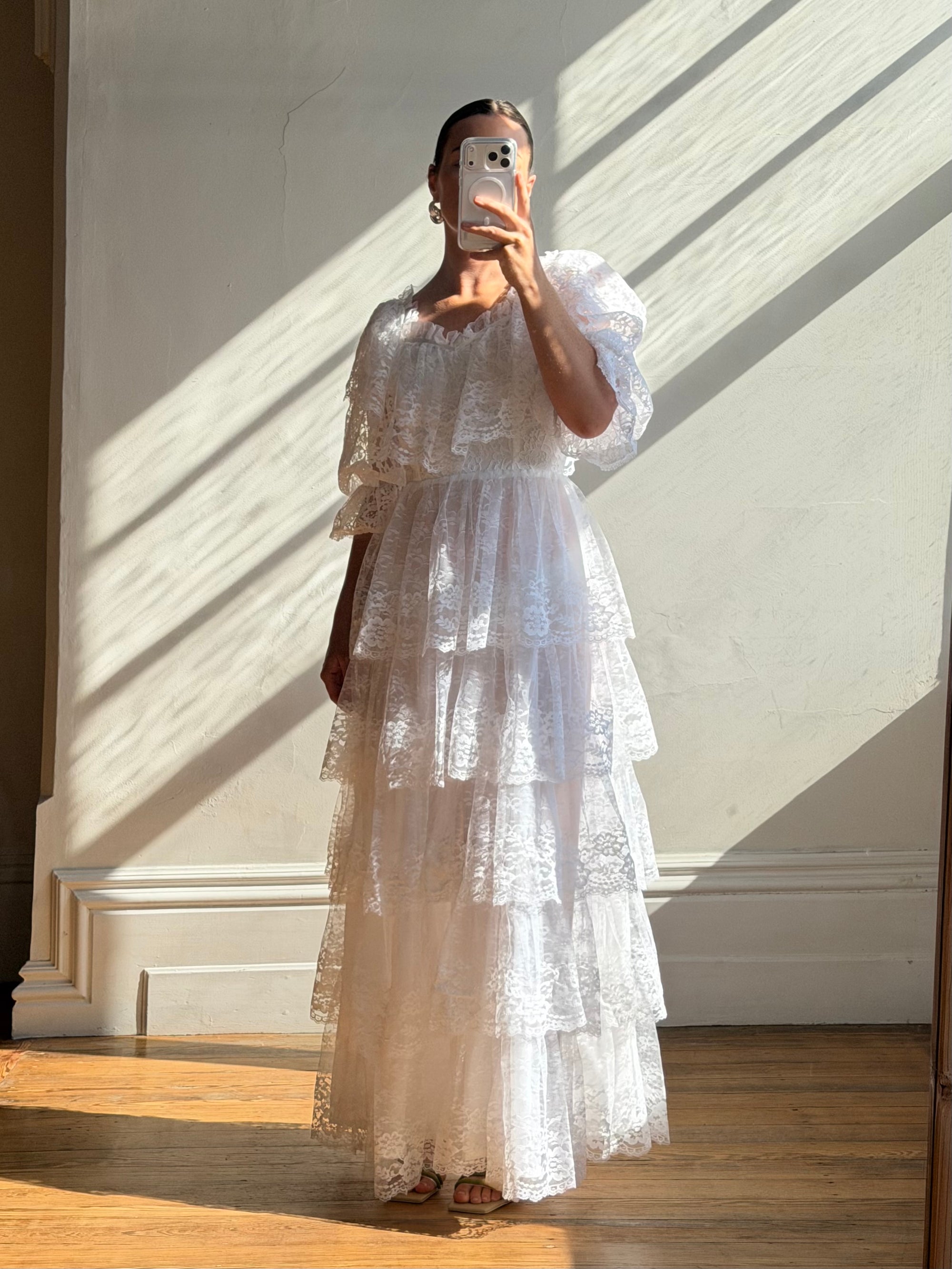Vintage 70s Tiered Lace Wedding Dress Crisp White