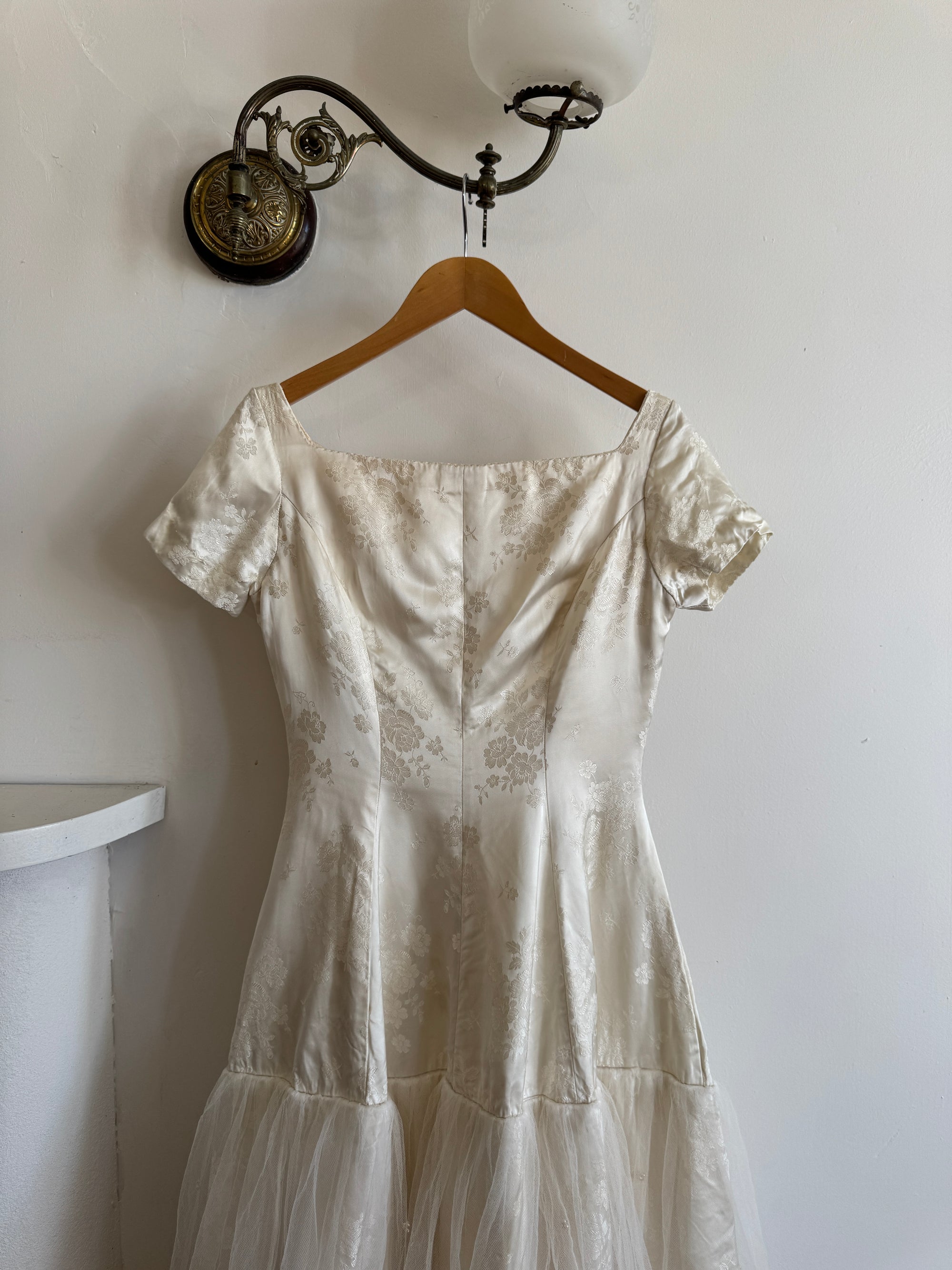 Vintage 50s Tea Length Jacquard Satin and Tulle Wedding Dress